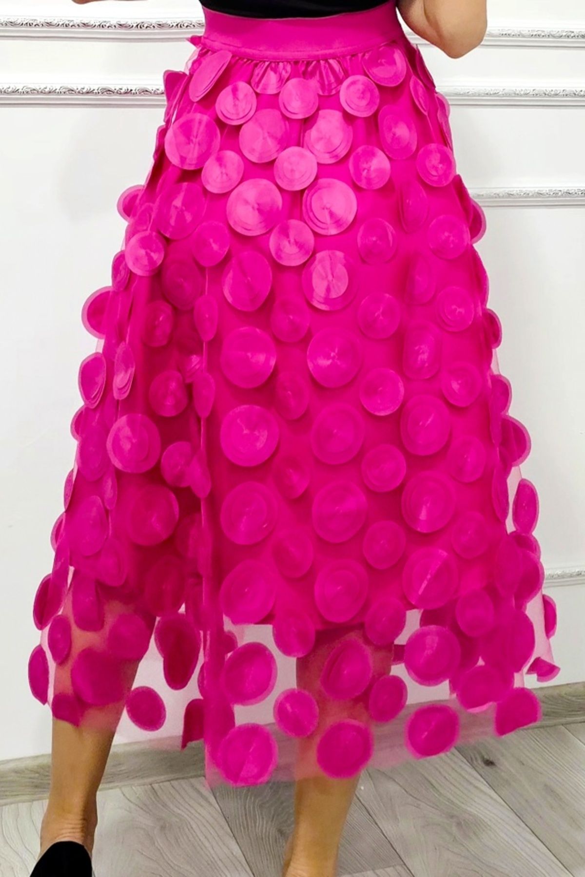 FashionForYou-Zefira Occasion Skirt, with tulle, satin applications and 3D polka dots, Fuchsia, Size S/M 5