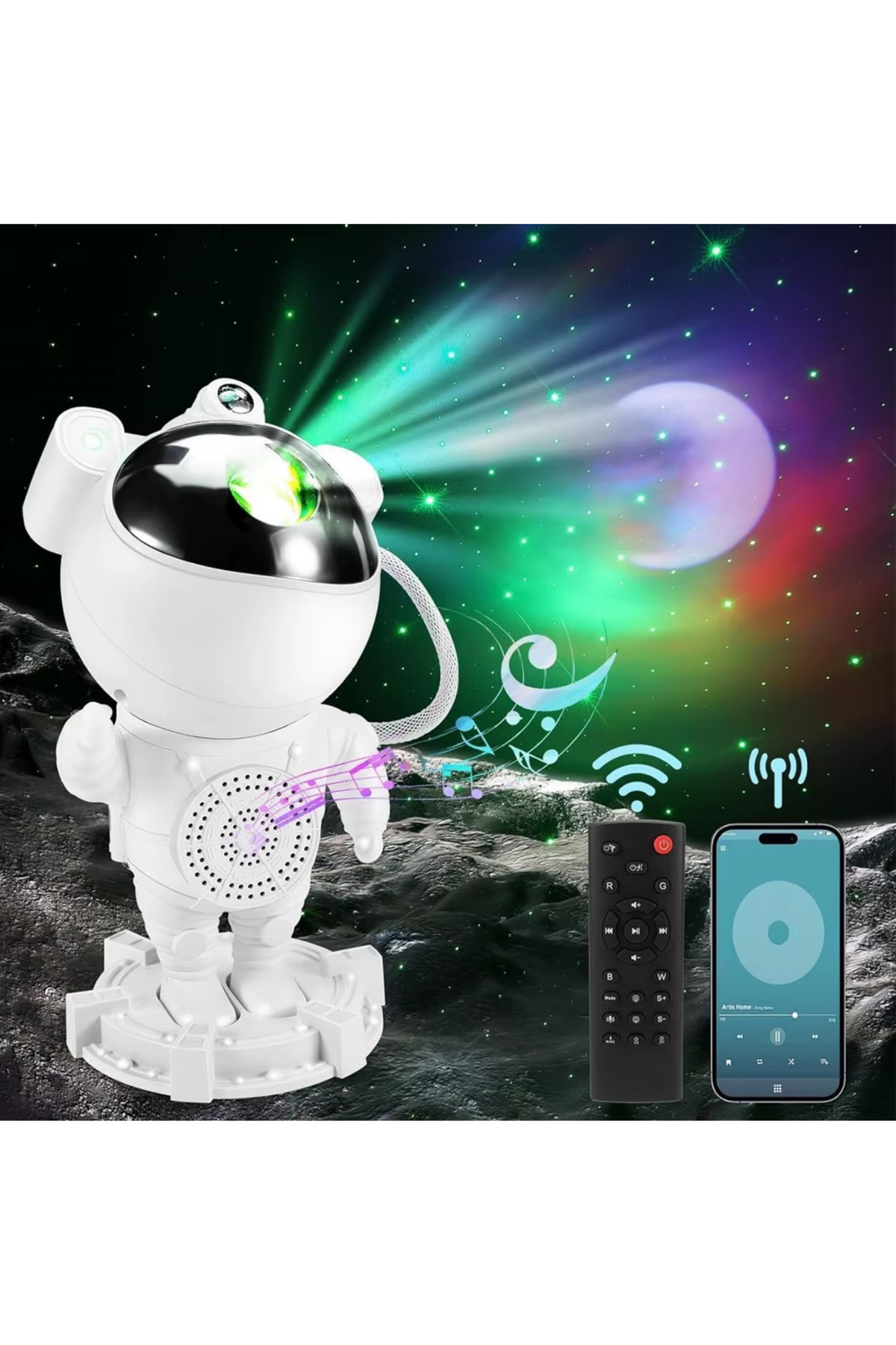 Laraheiser Astronot Tasarımlı Galaxy Projektör – Bluetooth Hoparlörlü Gece Lambası, Ay Temalı, Uzaktan Kumanda