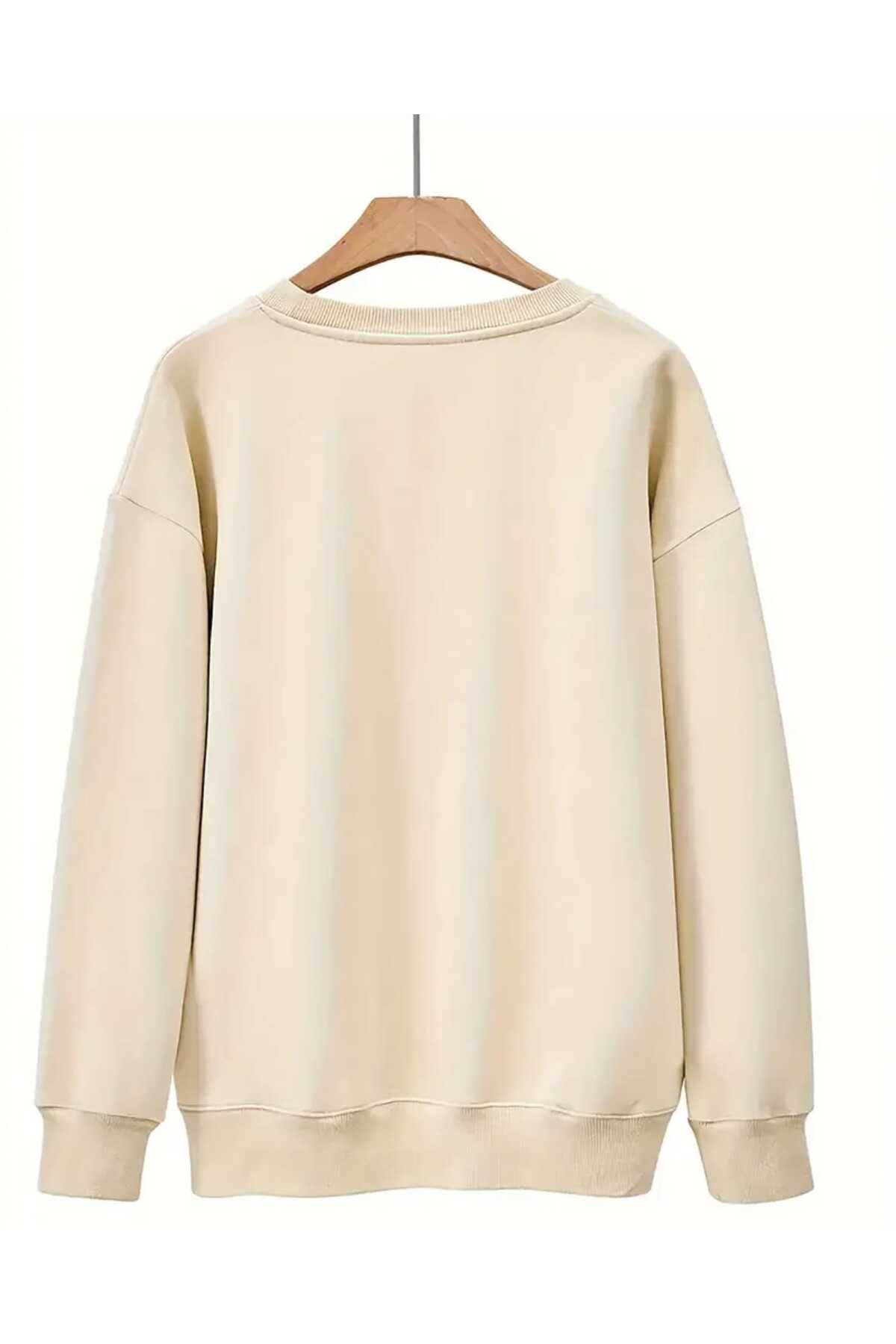 caddekombin  Çiçekli Cep Göğüs Baskılı Bisisklet Yaka Bej Sweatshirt - Görsel 2