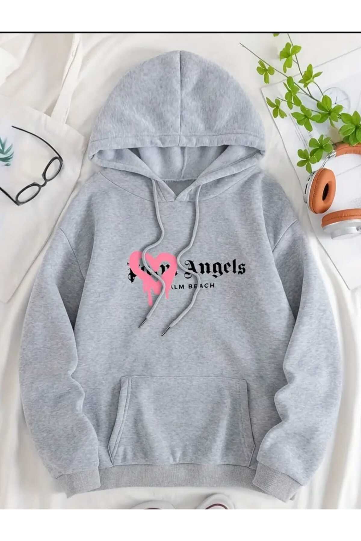 Palm Angels Beach Printed Hooded Pocket Woolen Grey Sweatshirt