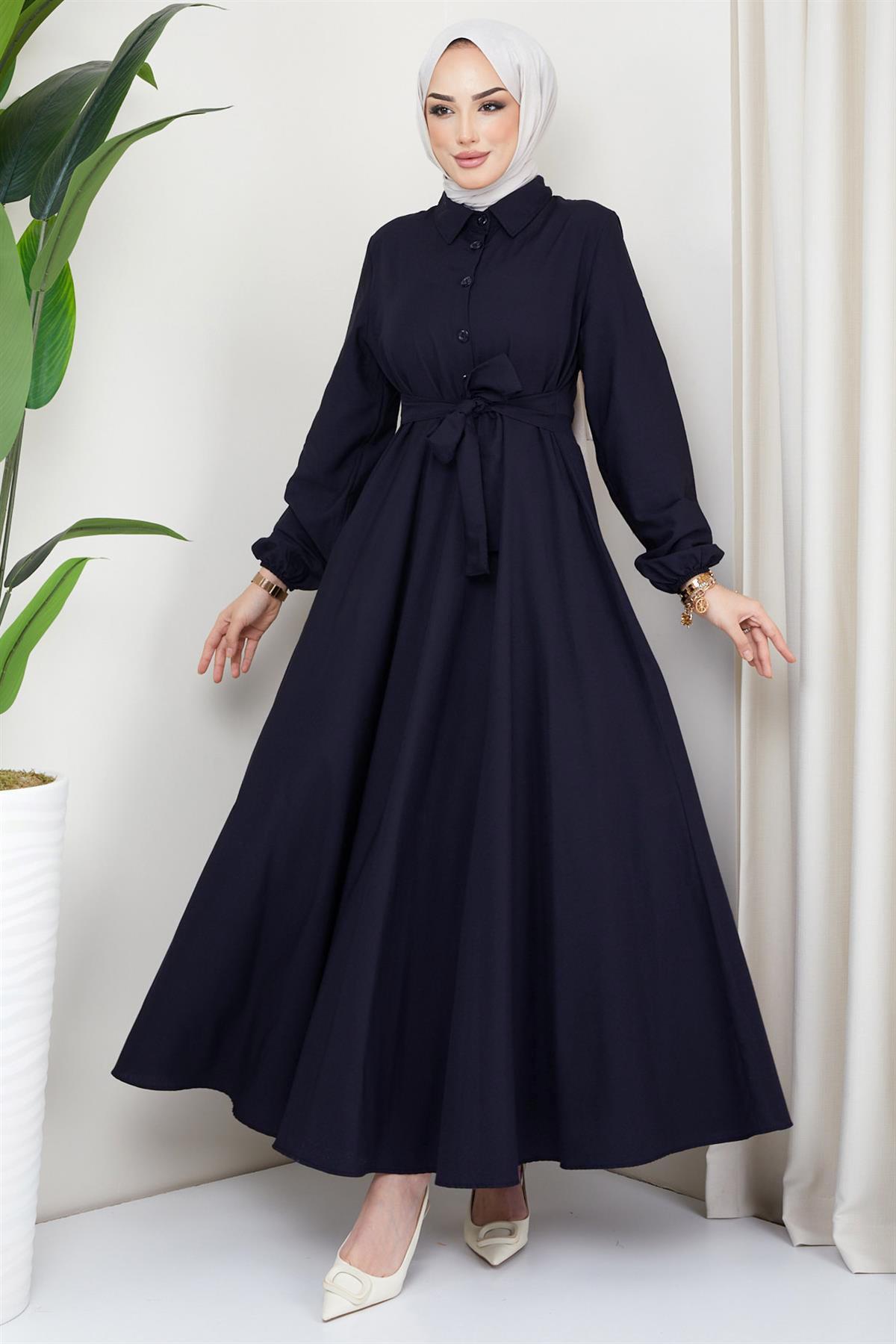 hafsamina Belted Mevlana Dress Navy Blue HM2105