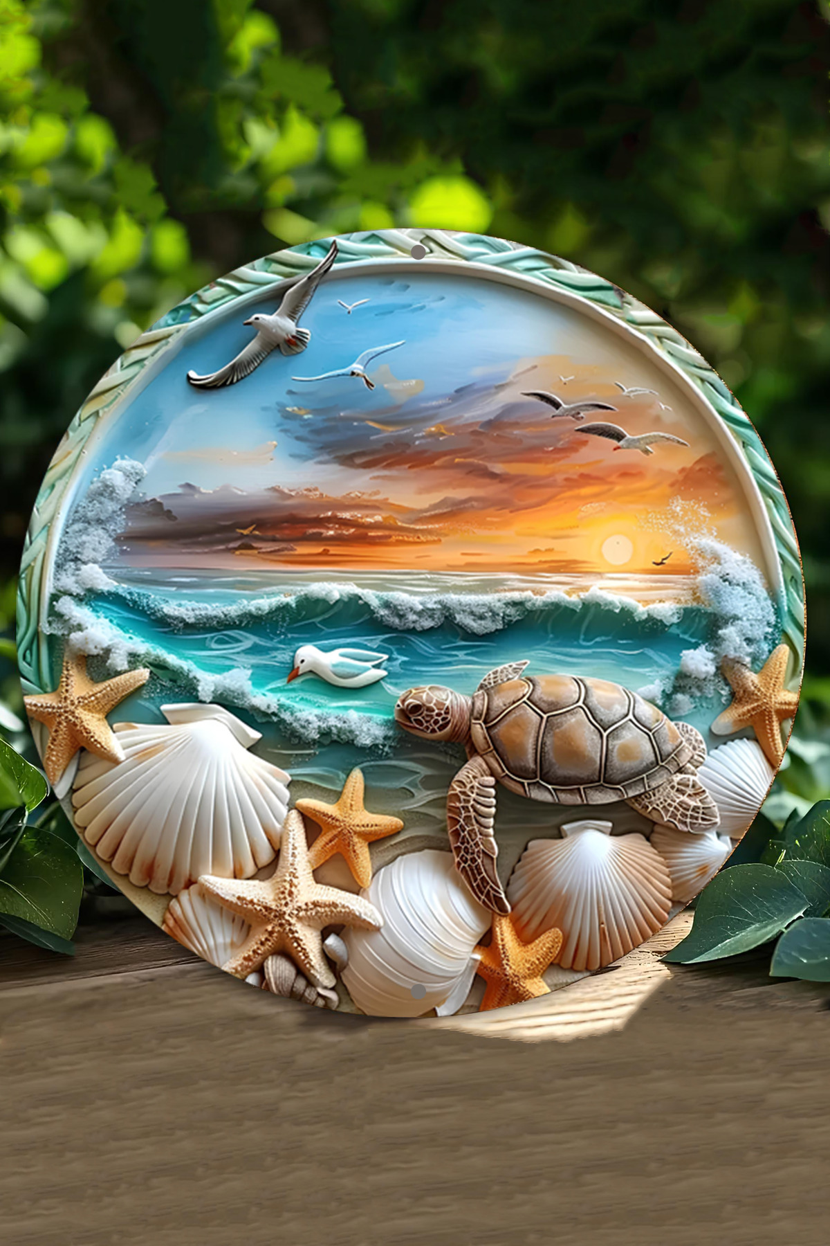 🌊🐢 Deniz Kabukları ve Kaplumbağa Temalı Ahşap Duvar Süsü – 20 cm 🐚🌅🌸 DT050