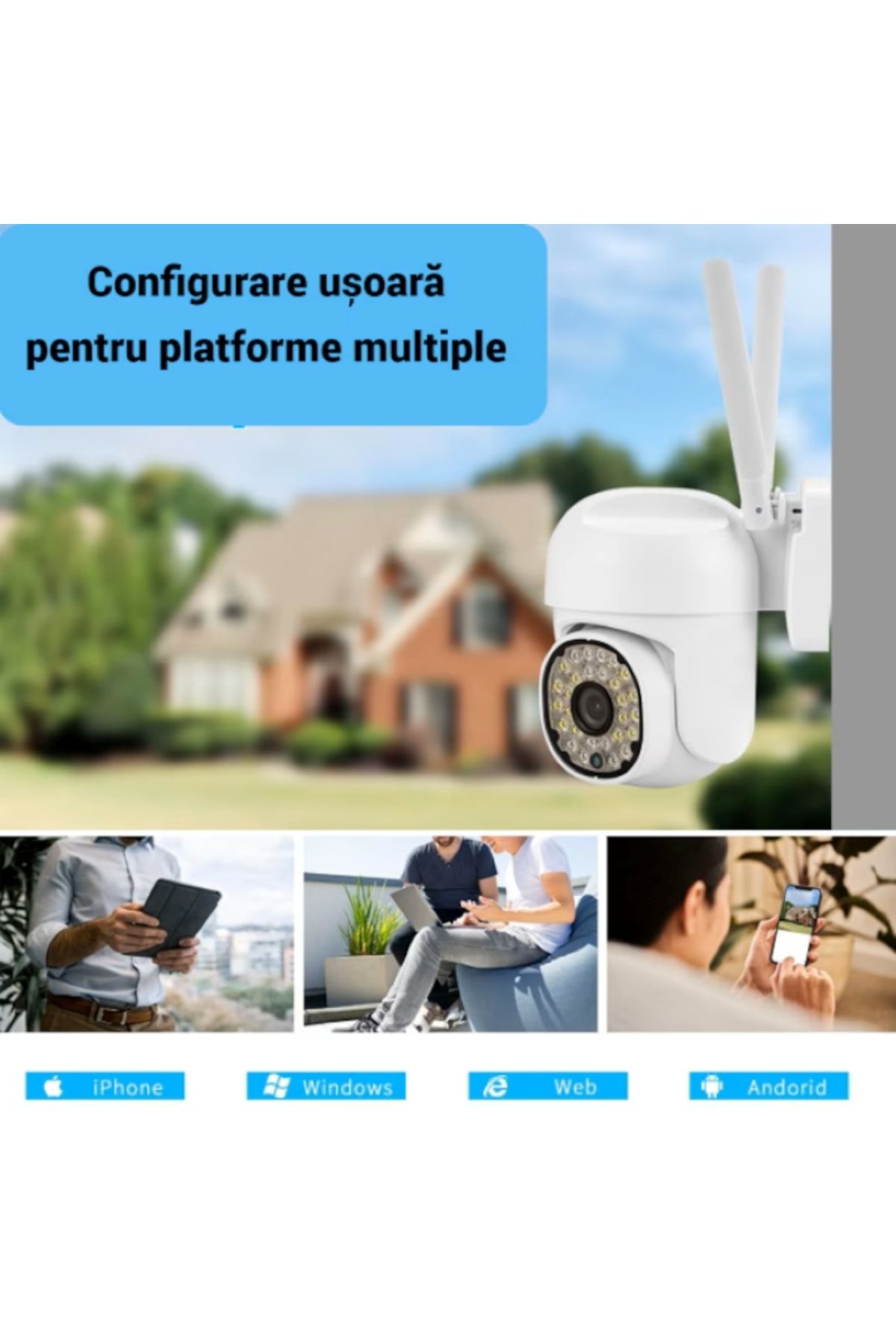 EMATTERIO-Camera supraveghere WiFi 360° cu vedere nocturnă, senzor mișcare, stocare card 32GB, alb 5