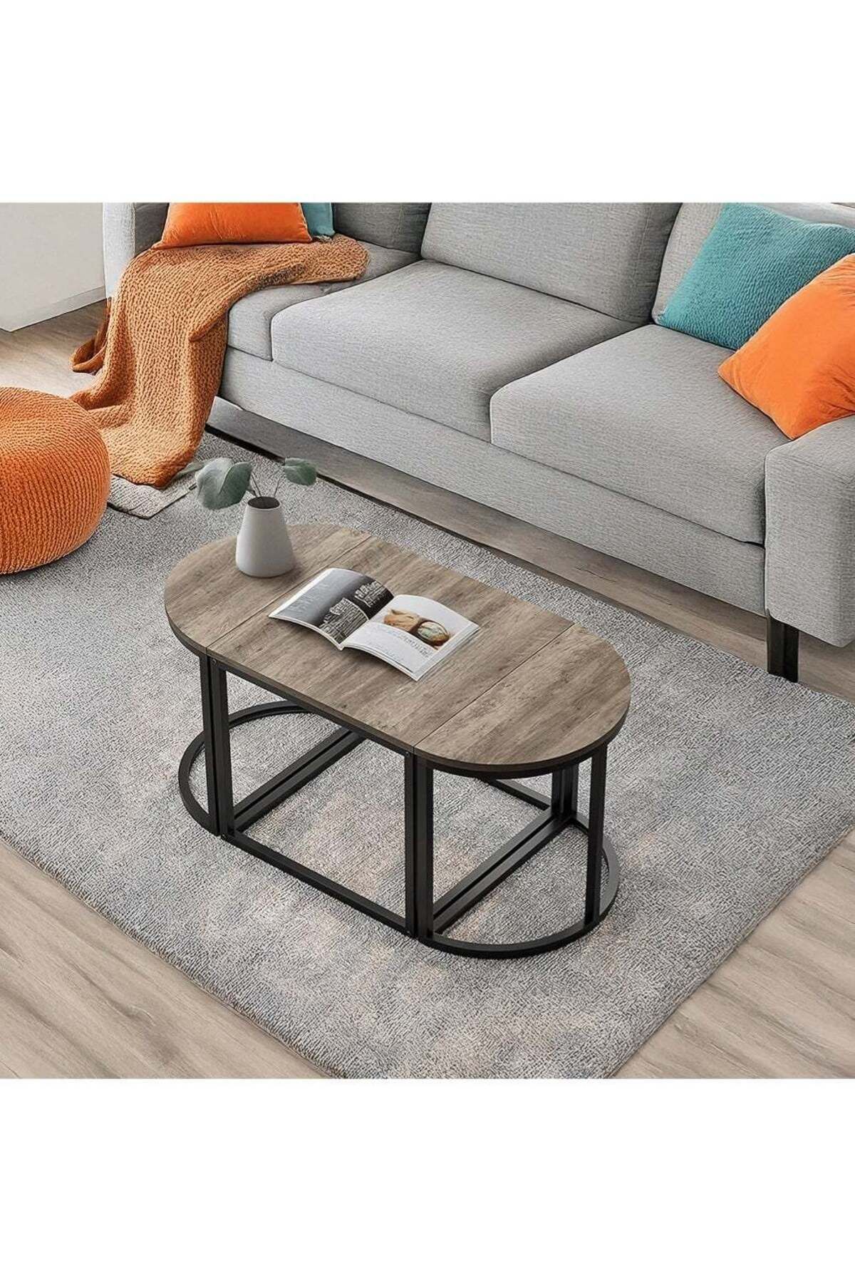 AGD-3-Piece Oval Coffee Table Set, Stackable, Center Table with Metal Frame for Home and Office, Gre 1