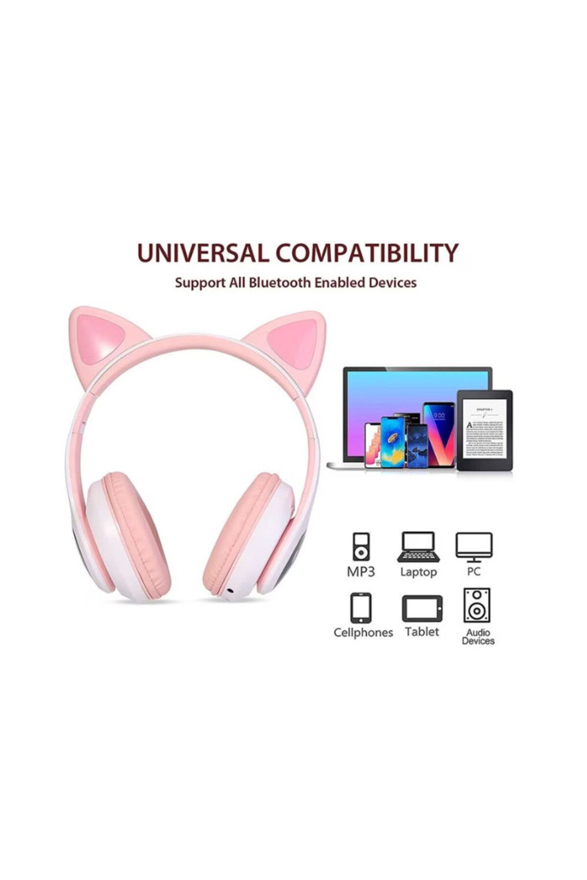 Mercaton-Wireless headphones with microphone, Bluetooth 5.0, card slot, RGB LED, cat ear design 8