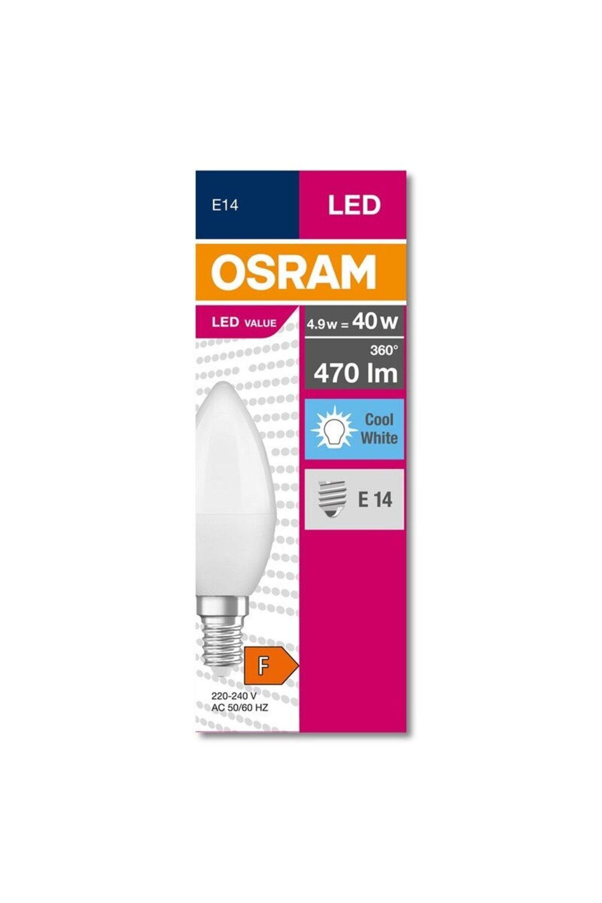 Osram-Set 5 becuri LED, tip lumânare, E14, 4.9W echivalent a 40W, 470 lm, lumină neutră, 4000k, 360-d 3