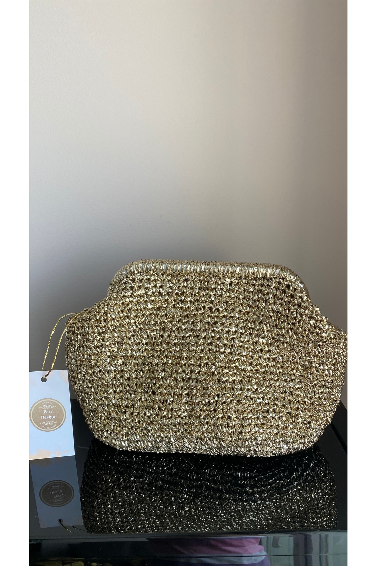 PeriStore Peridesign Soft Altın El Örmesi Portföy Çanta Açık Gold Rengi 25x20 cm Astarlı görsel 4