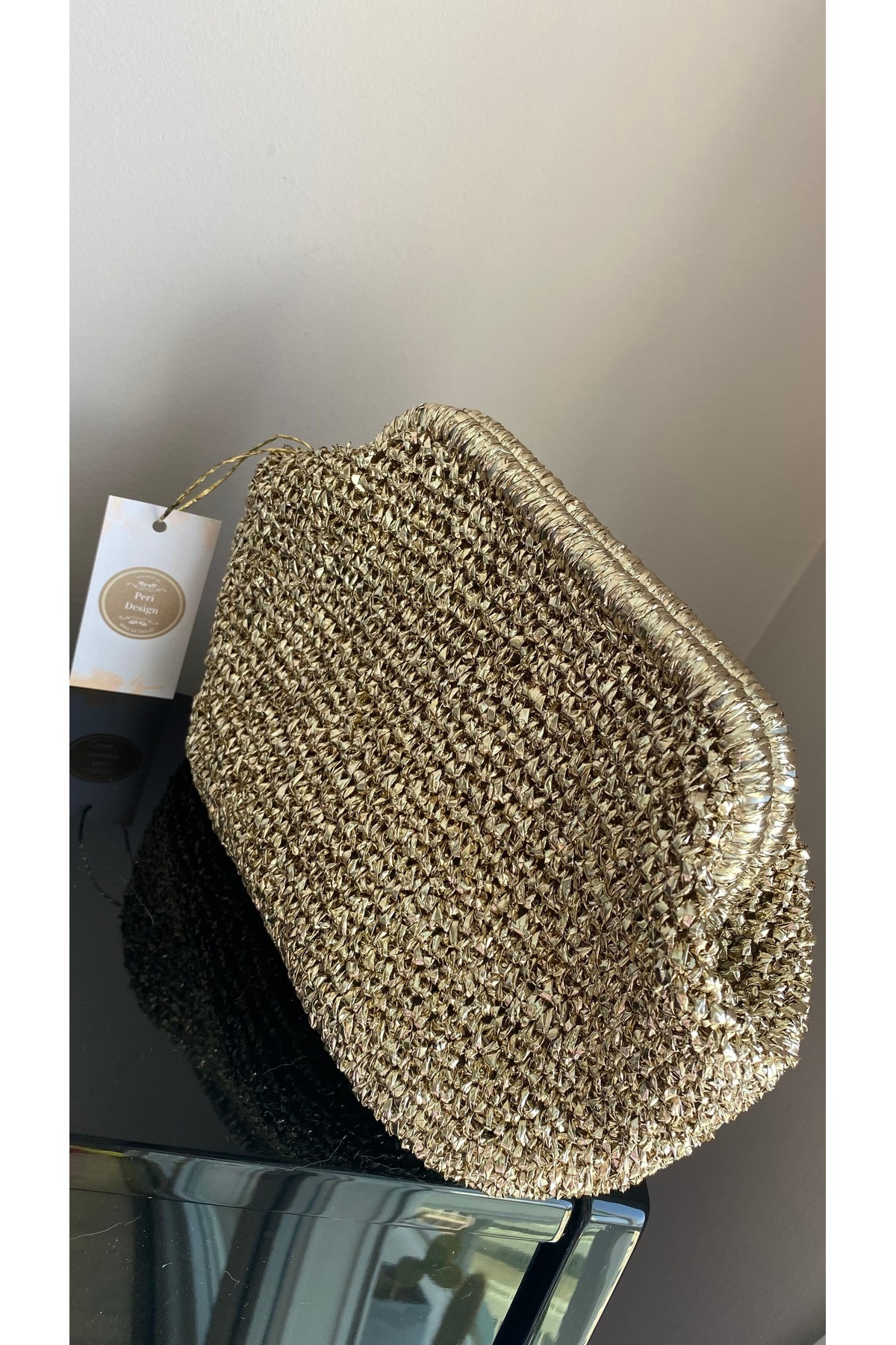 PeriStore Peridesign Soft Altın El Örmesi Portföy Çanta Açık Gold Rengi 25x20 cm Astarlı görsel 2
