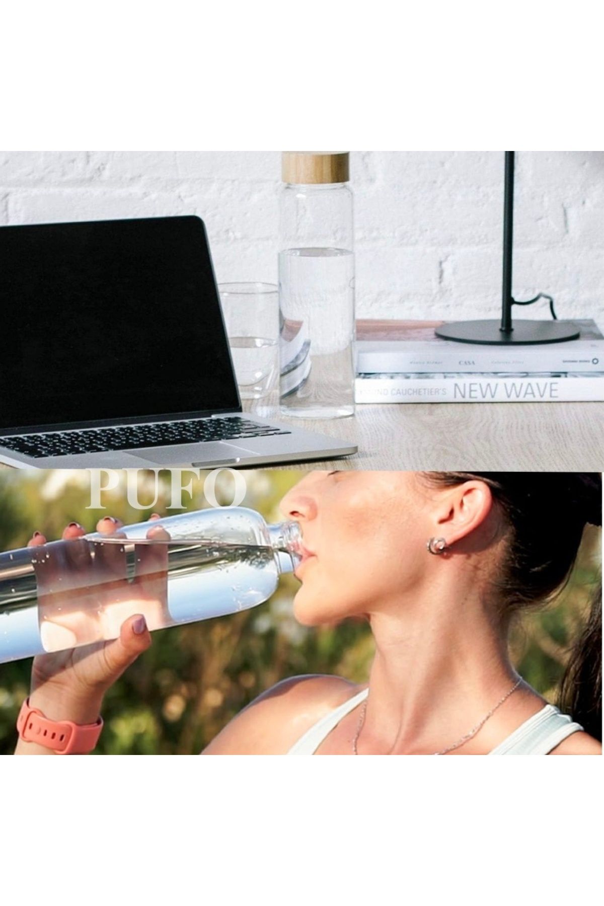PUFO-Hydrate bottle for water or liquids made of borosilicate material, bamboo lid, 1L 5