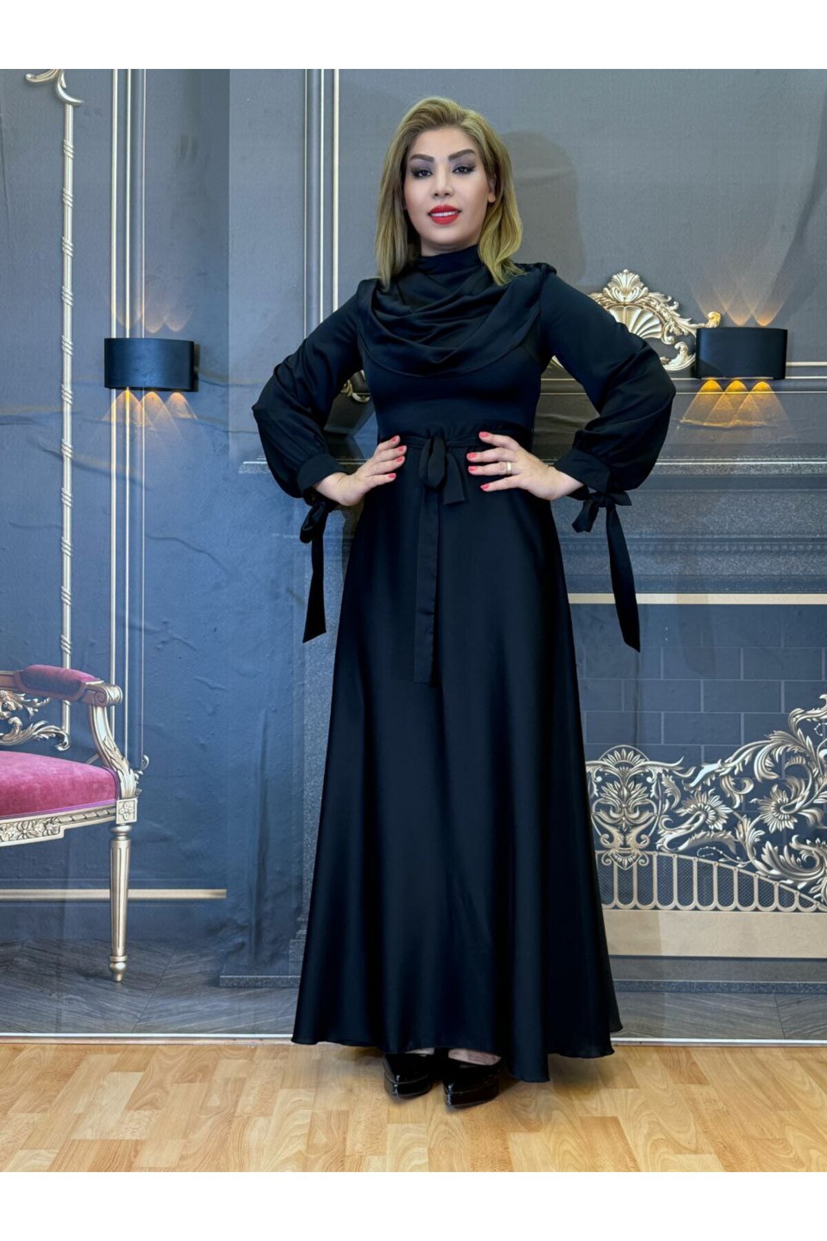 Yeşilmoda Uzun Abiye Elbise Saten kumaş Tesettür elbise,Drape yaka Kadın Bağcıklı uzun kollu altın ve siyah