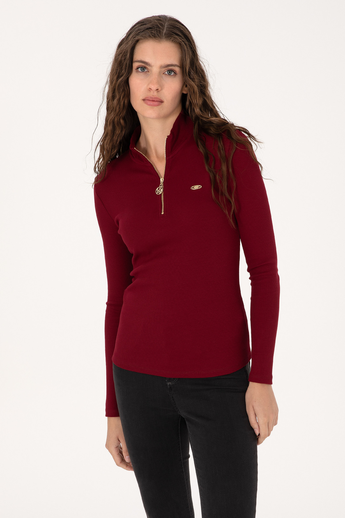 U.S. Polo Assn. Kadın Bordo Fermuarlı Dik Yaka Sweatshirt 50313564-VR014