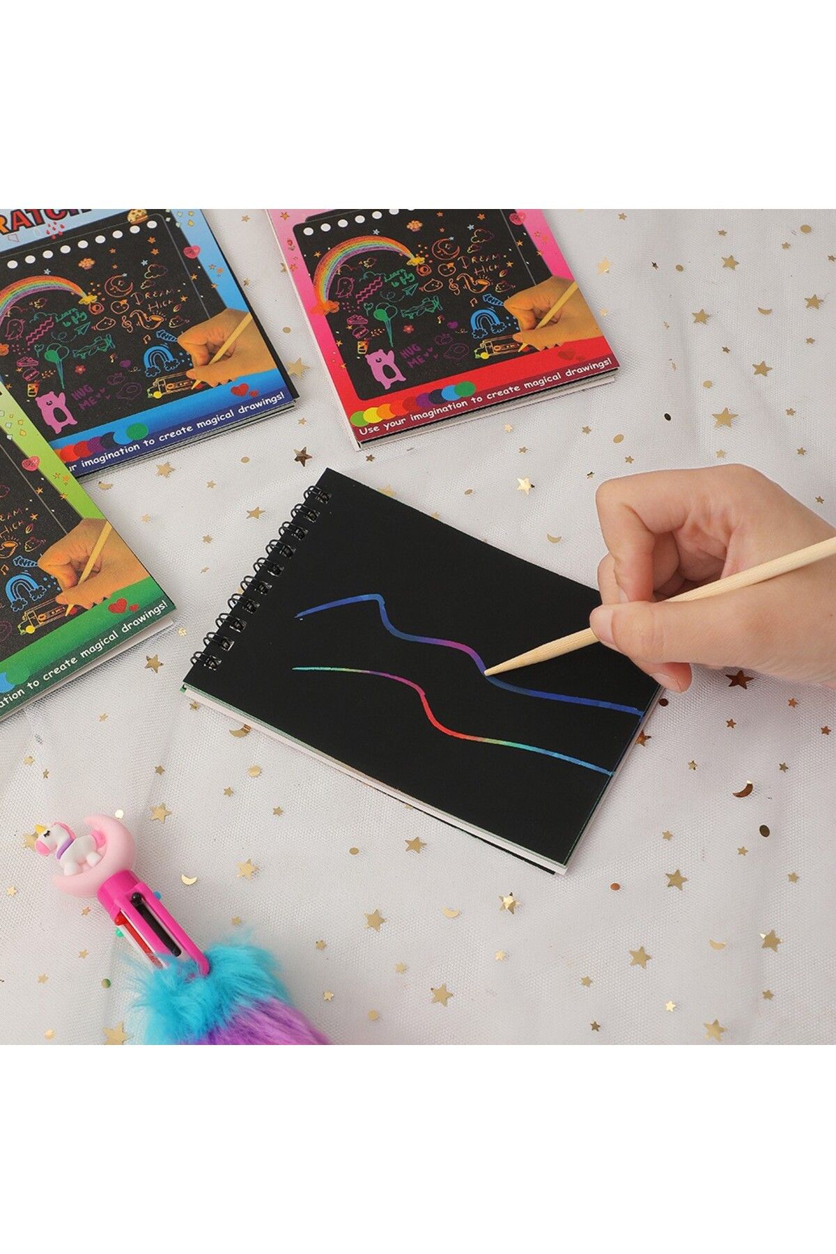 Flippy-Caiet cu cărți de răzuit, DIY Magic Scratch, 12 coli, curcubeu, creion din lemn, A5, multicolor 4