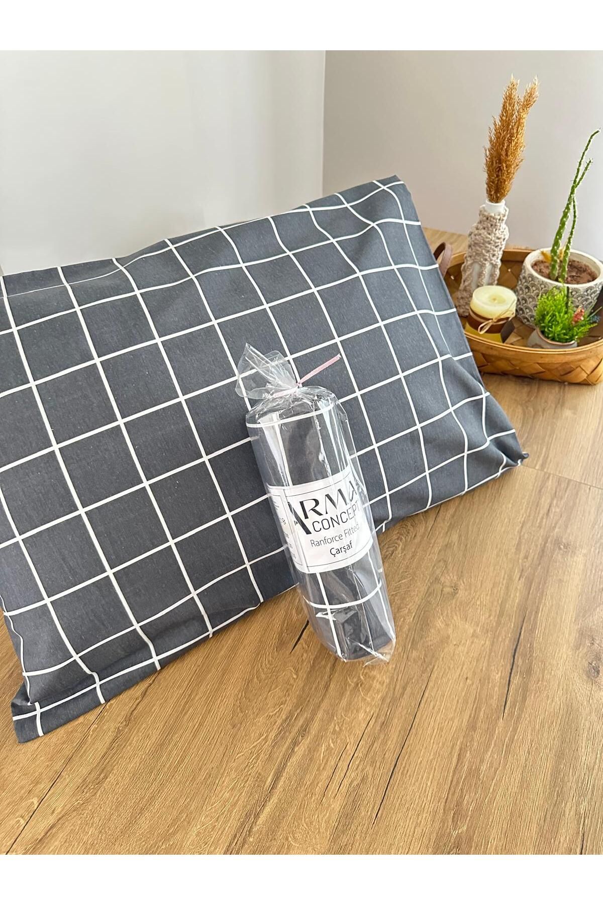 Arma Concept-Double Square Patterned Ranforce Fabric Fitted Elastic Sheet & 2 Pillowcases 4