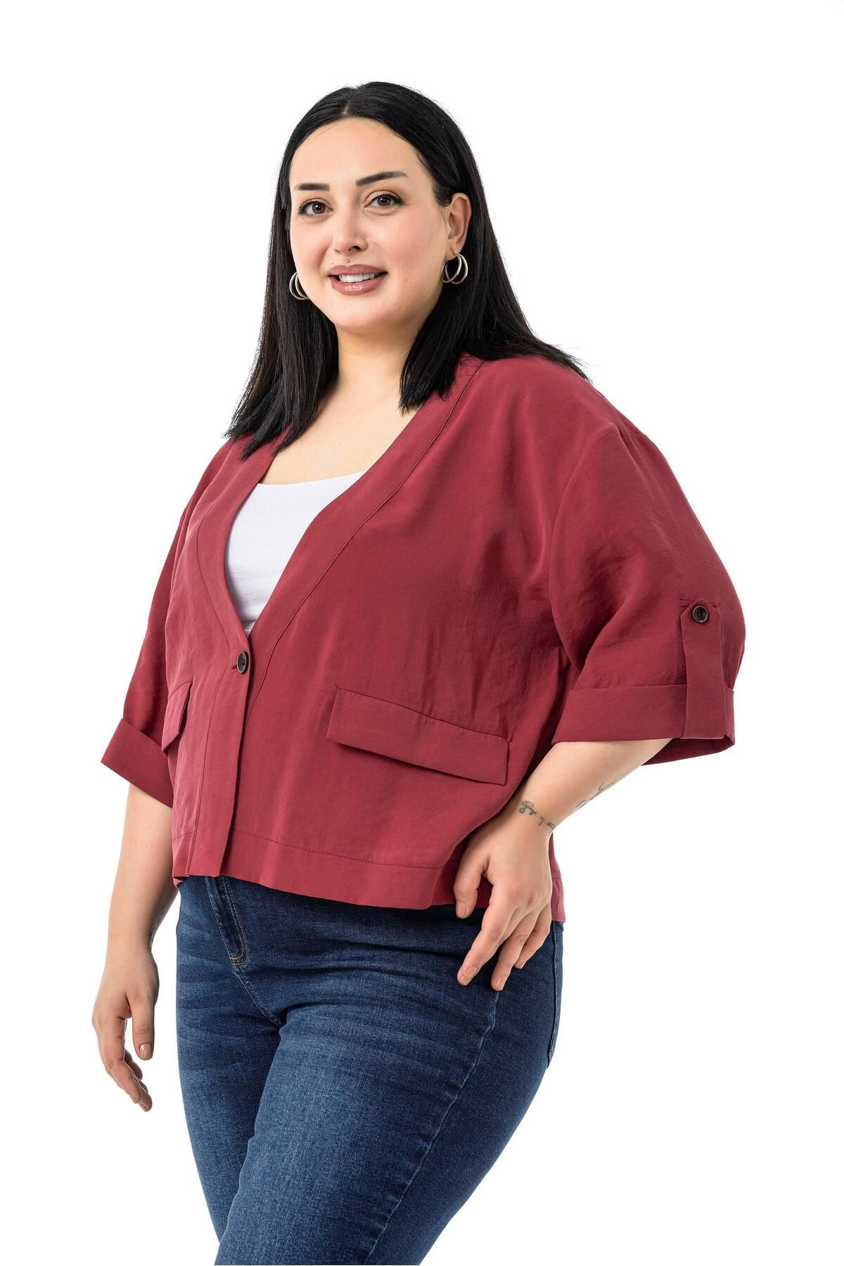 DISENTIS MODEST-Plus Size Single Button Short Burgundy Jacket with Low Half Sleeves Epaulettes Pockets 5