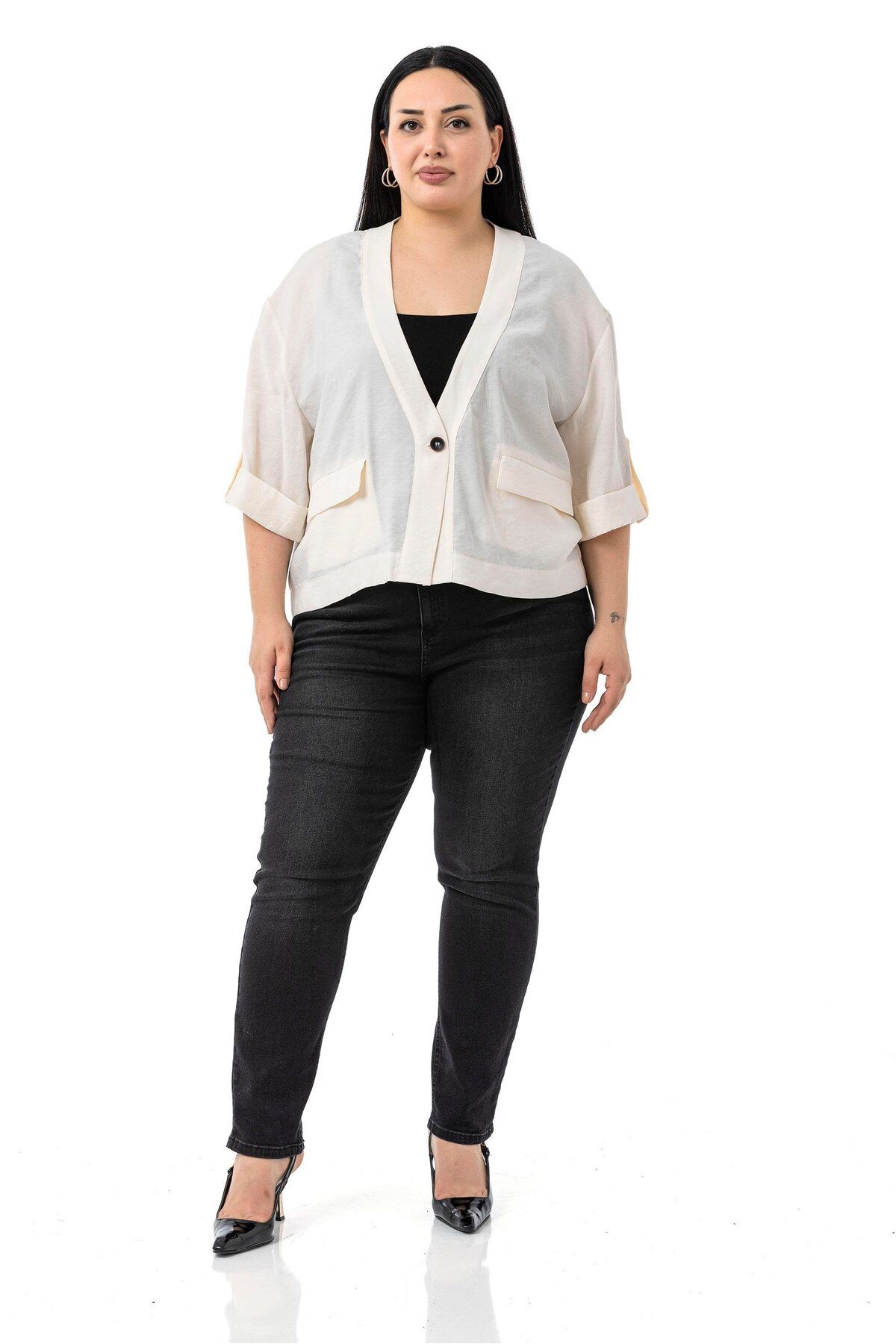 DISENTIS MODEST-Plus Size Single Button Short Beige Jacket with Low Half Sleeves Epaulettes Pockets 1