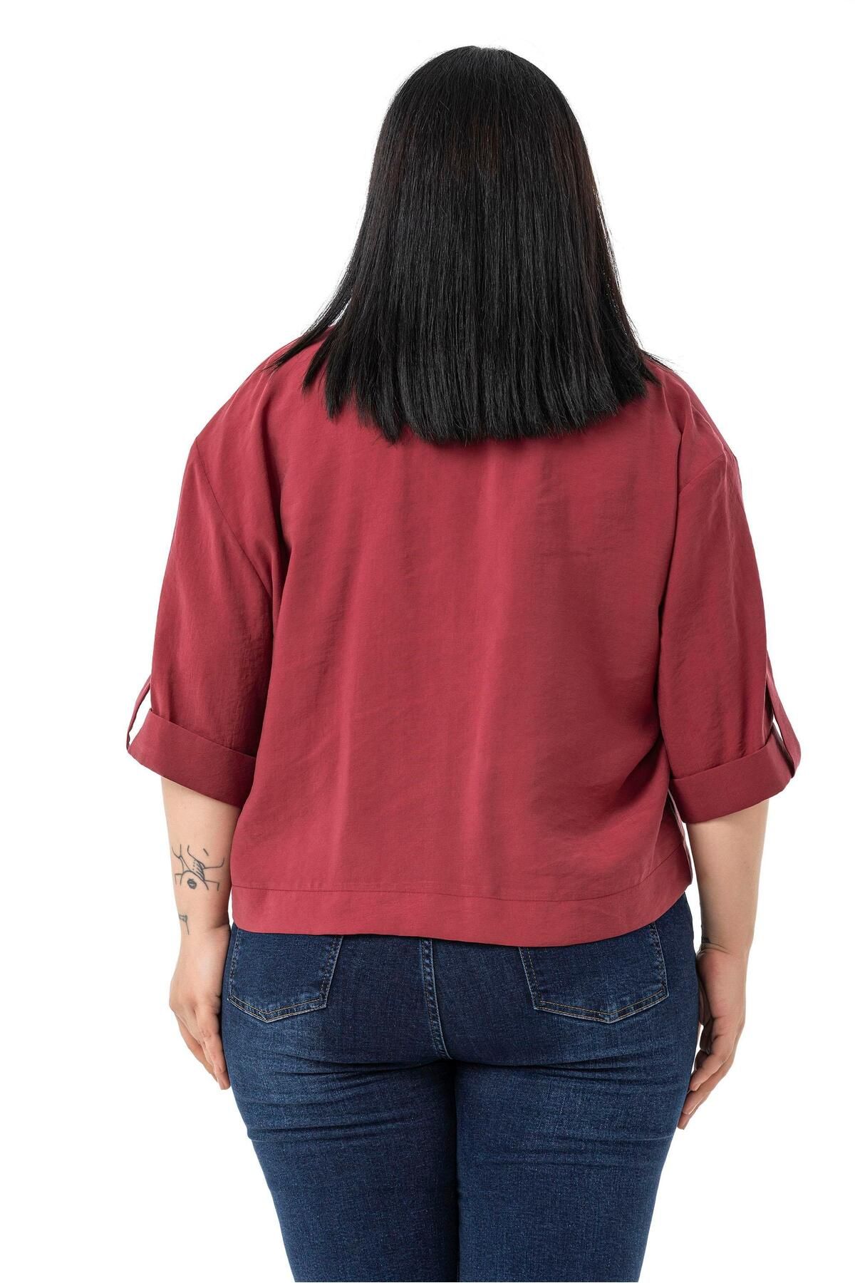 DISENTIS MODEST-Plus Size Single Button Short Burgundy Jacket with Low Half Sleeves Epaulettes Pockets 3