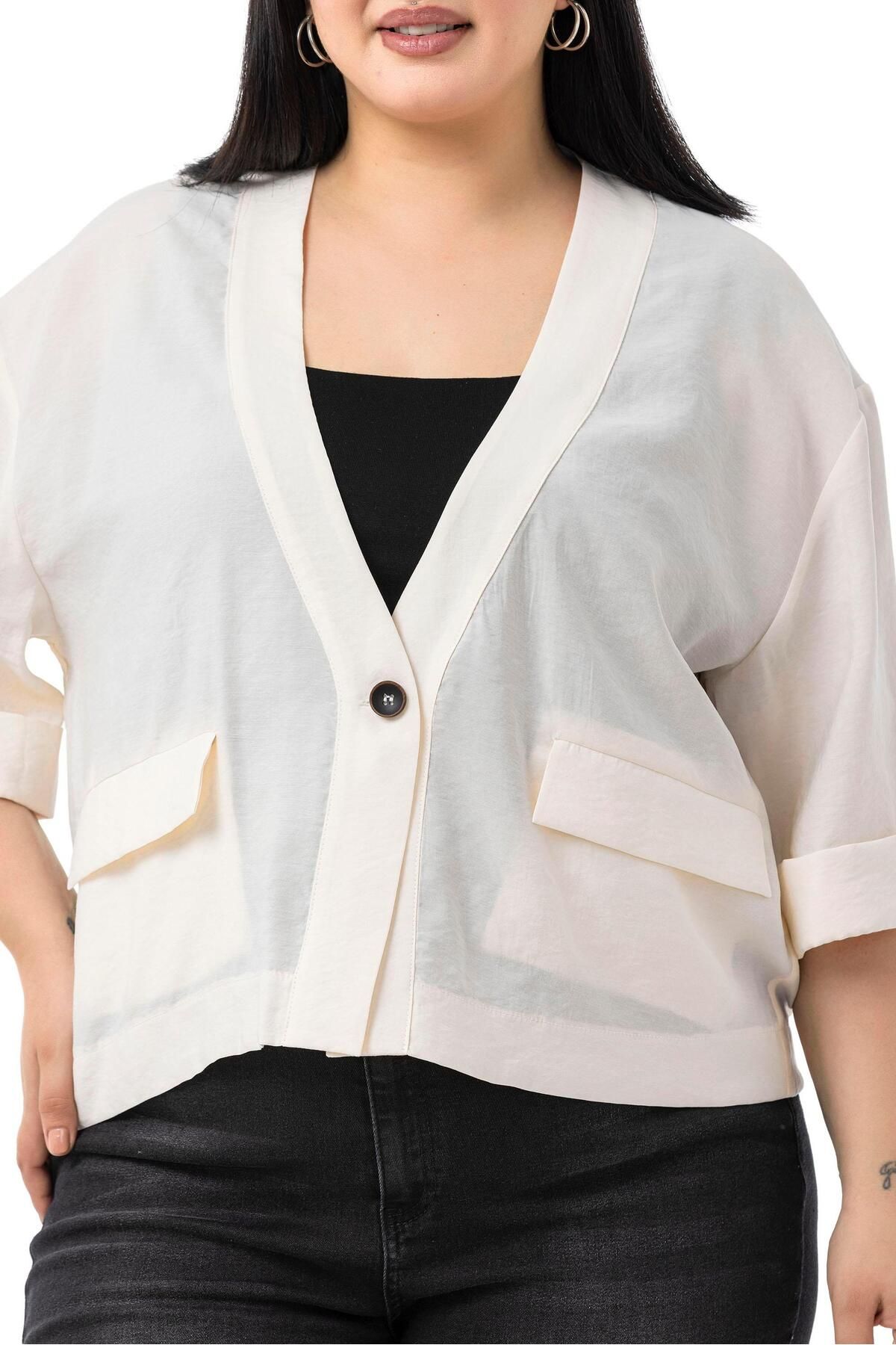 DISENTIS MODEST-Plus Size Single Button Short Beige Jacket with Low Half Sleeves Epaulettes Pockets 4