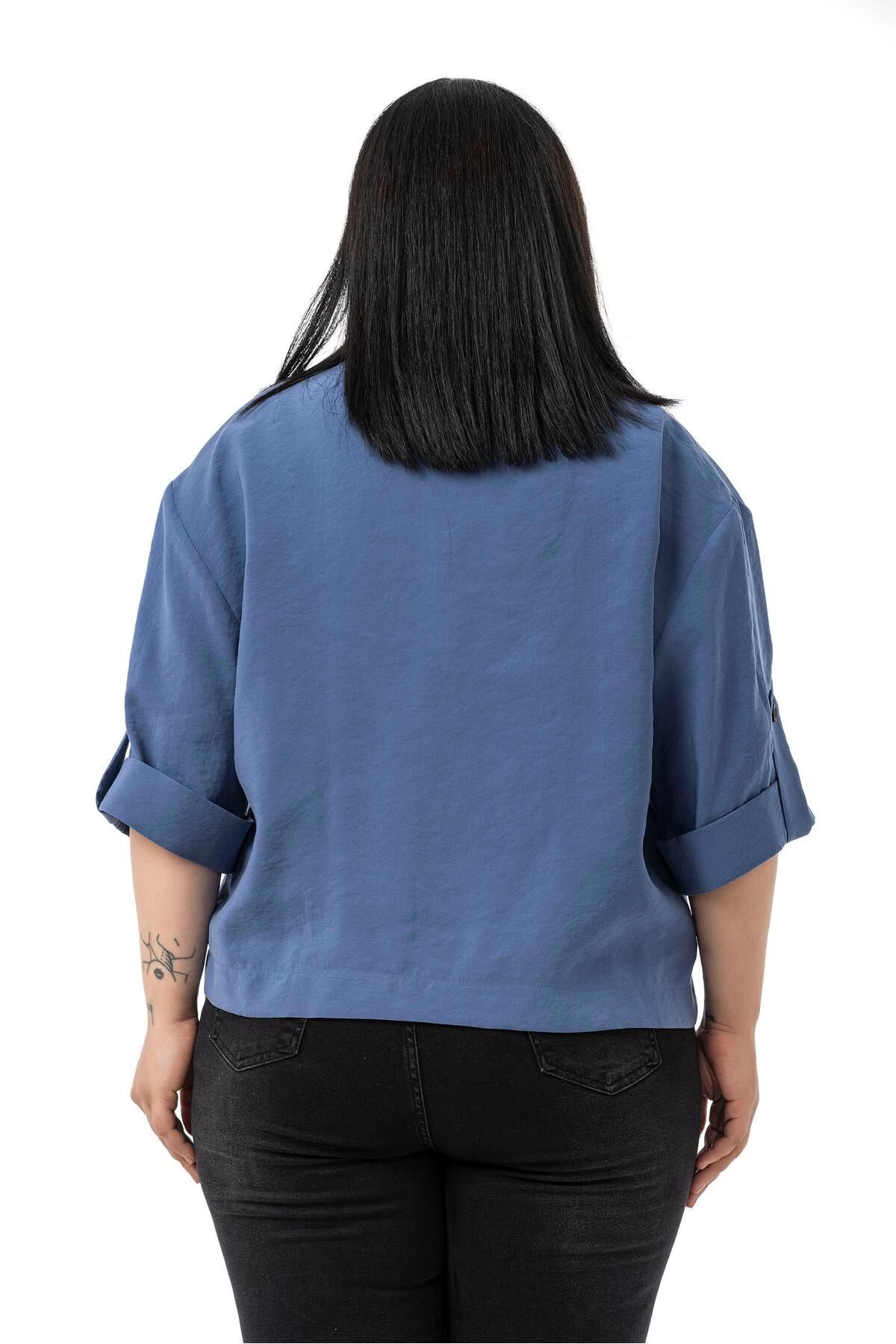 DISENTIS MODEST-Plus Size One Button Short Indigo Jacket with Low Half Sleeves Epaulets Pockets 3