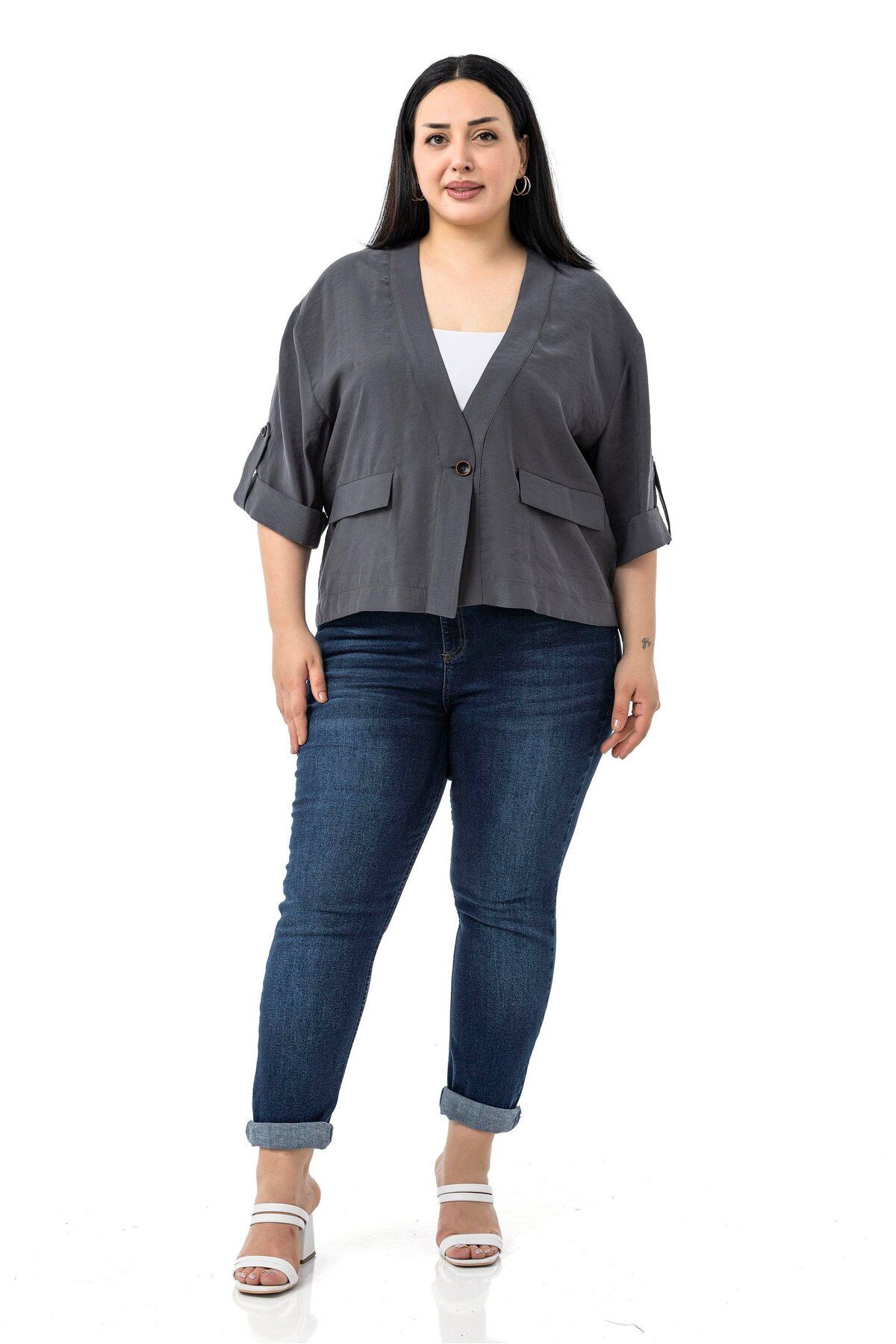 DISENTIS MODEST-Plus Size Single Button Short Anthracite Jacket with Low Half Sleeves Epaulettes Pockets 1