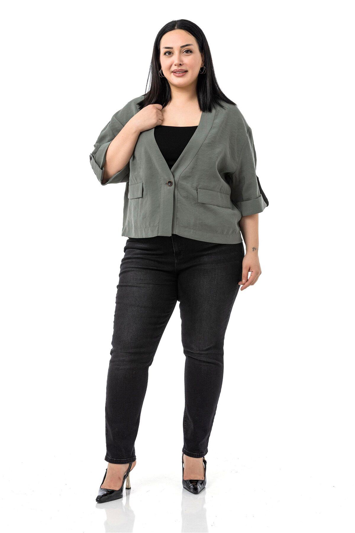 DISENTIS MODEST-Plus Size One Button Short Khaki Jacket with Low Half Sleeves Epaulets Pockets 1
