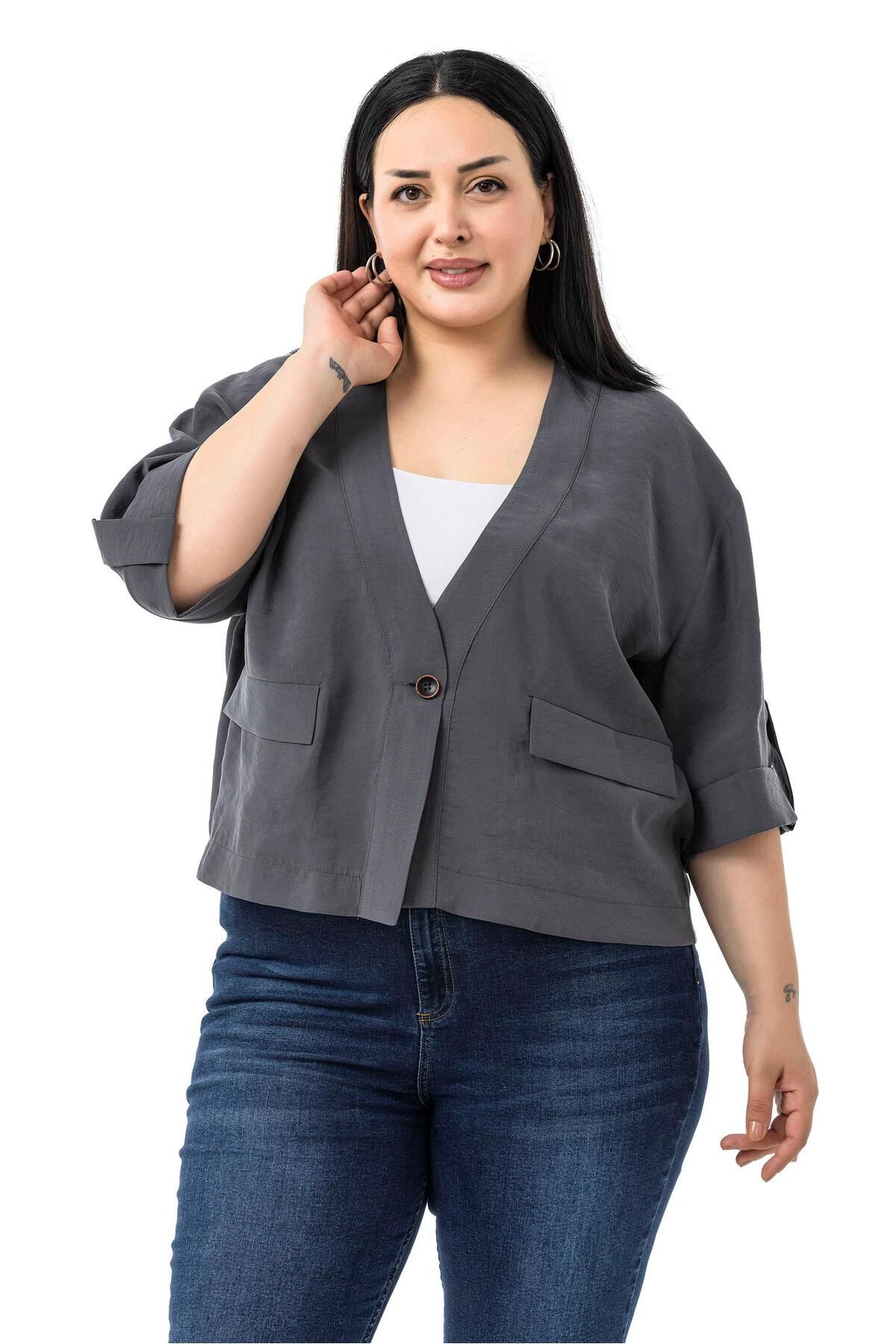DISENTIS MODEST-Plus Size Single Button Short Anthracite Jacket with Low Half Sleeves Epaulettes Pockets 2