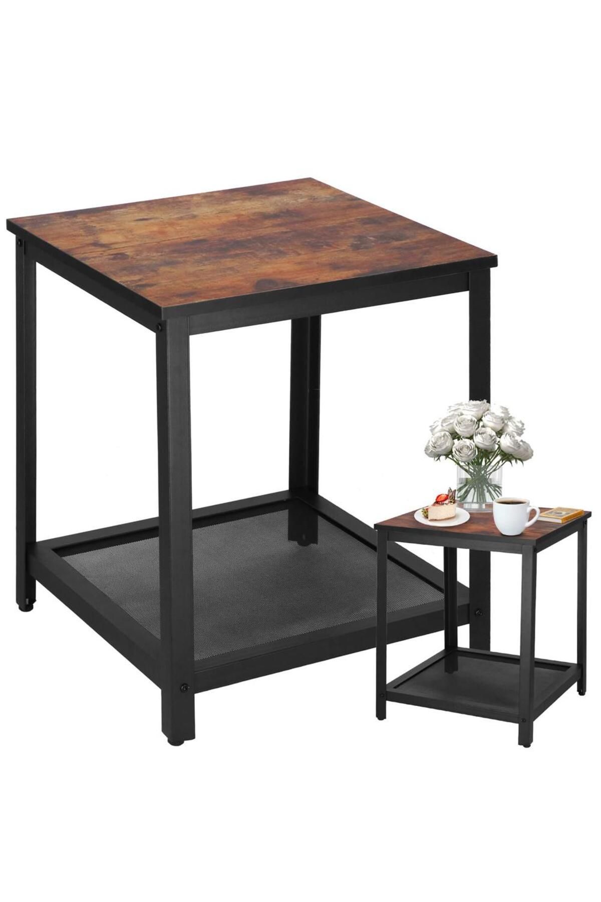 SERSIMO-Square coffee table, bedside table with steel frame and storage shelf, 45x45x55 cm, rustic brown 4