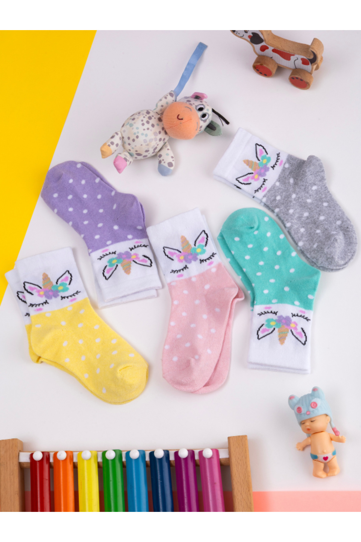 Hobins Sportswear & Company 5'Çift Bebek & Çocuk Çorabı Unicorn Desenli Okul,Günlük,Dört Mevsim çorap fotoğrafı 4 (önizleme)