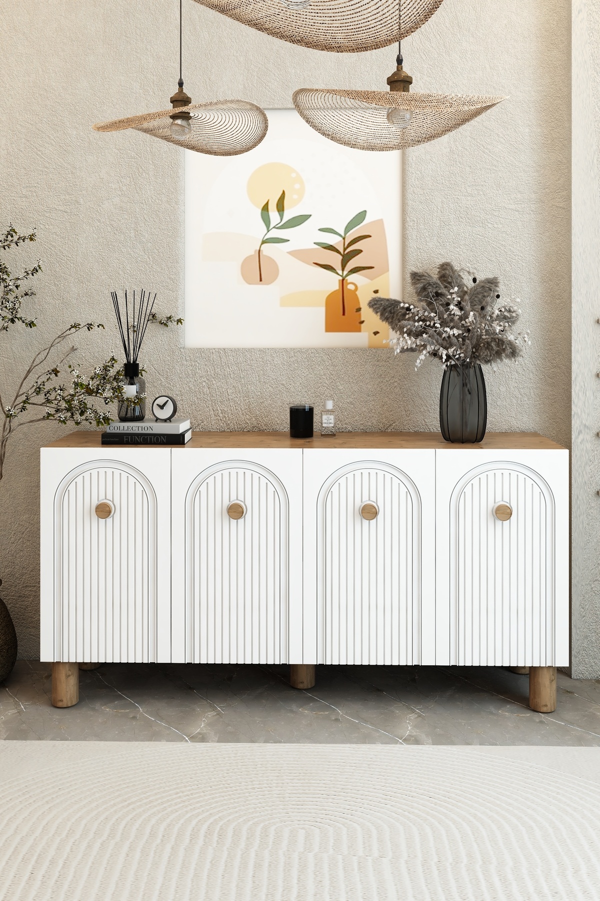 izcodesign Bohem 4 Kapaklı Kahverengi Konsol – MDF Kapaklı Modern Salon Dolabı | Çok Amaçlı Depolama Ünitesi