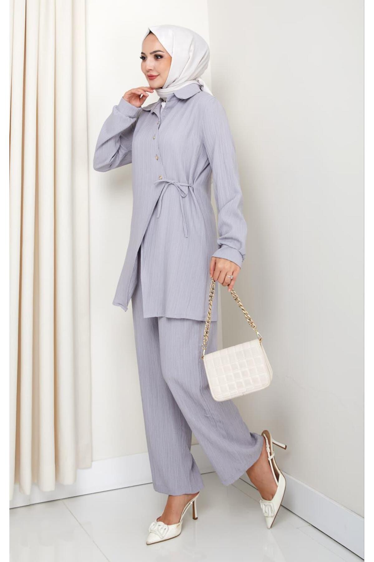 Hb Harma Time Butik Women's Belted Buttoned Strawberry Fabric Gray Double Suit
