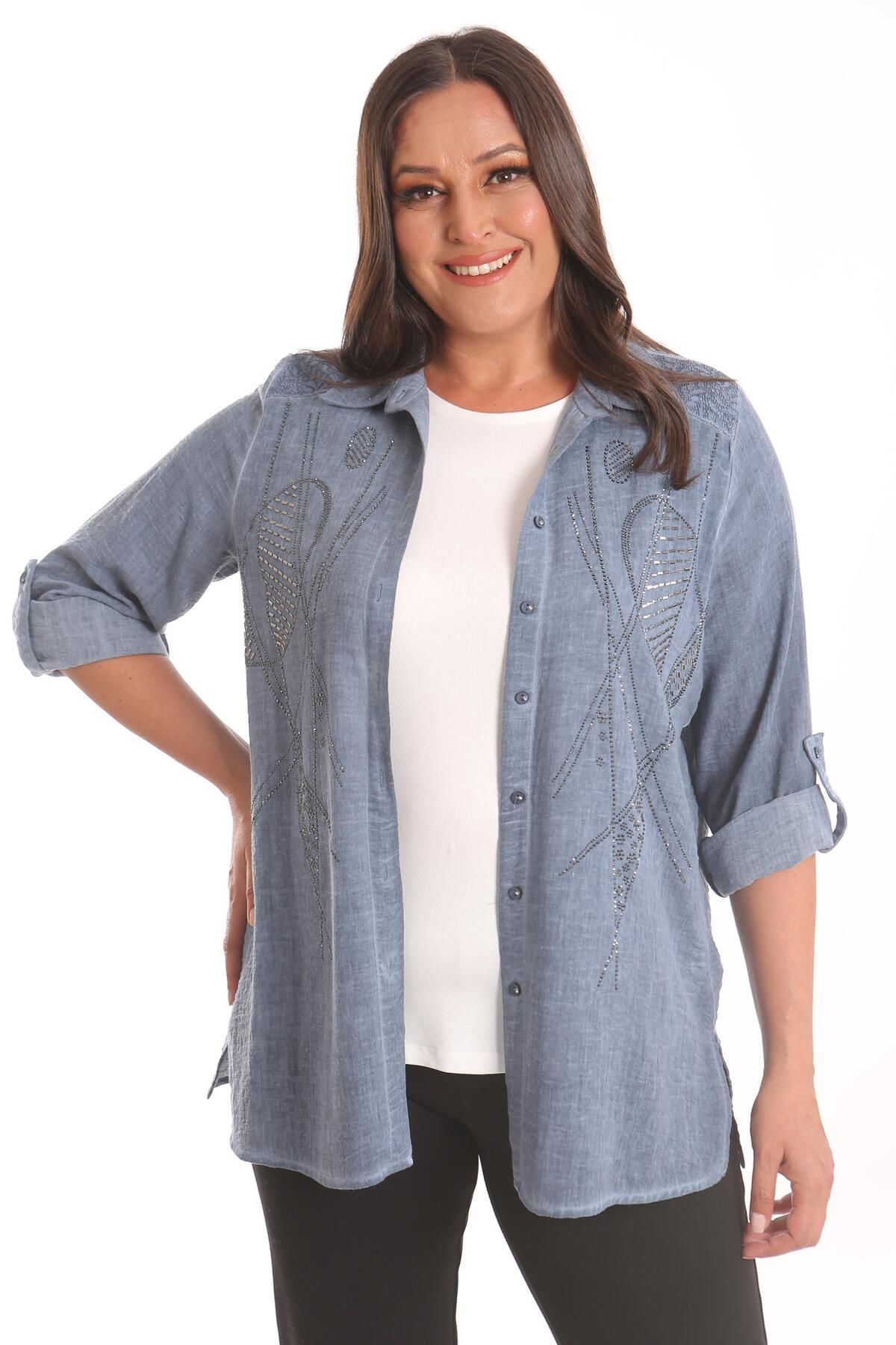 SERTUĞ-Tren42plus Plus Size Stone Printed Indigo Πουκάμισο Μπλούζα Σετ δύο τεμαχίων 5