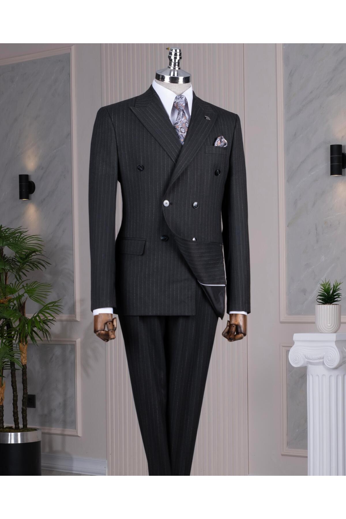 TerziAdemAltun Italian Style Slim Fit Double Breasted Jacket Pants Suit Anthracite T14464