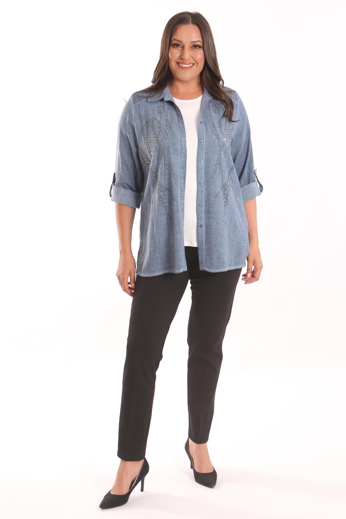 SERTUĞ-Tren42plus Plus Size Stone Printed Indigo Πουκάμισο Μπλούζα Σετ δύο τεμαχίων 4