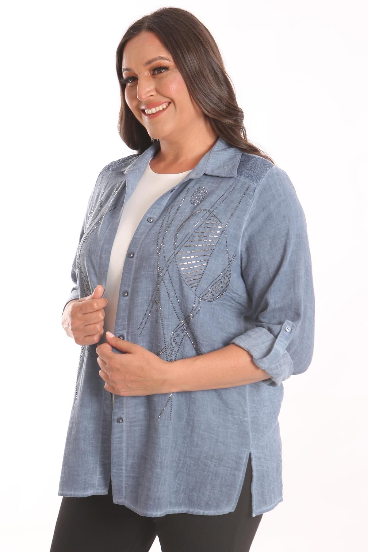 SERTUĞ-Tren42plus Plus Size Stone Printed Indigo Πουκάμισο Μπλούζα Σετ δύο τεμαχίων 3