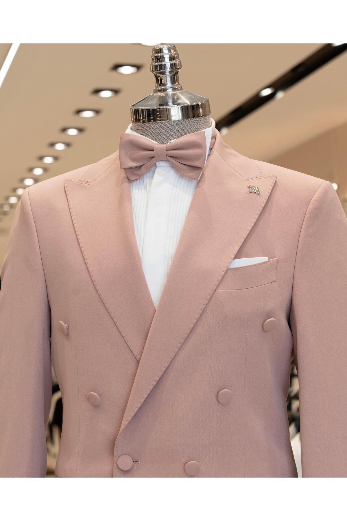 İtalyan stil kruvaze ceket pantolon takım elbise pembe T14198 — صورتی — تصویر 5 از 8