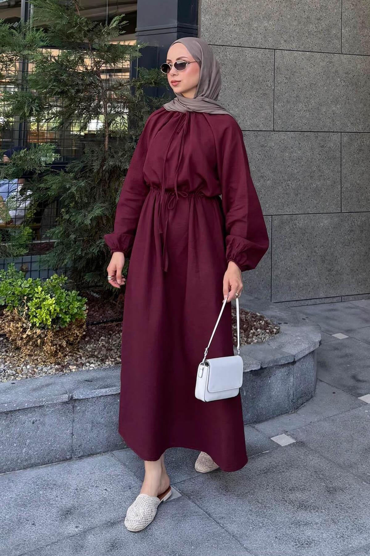 Lamelif  Balon Kol Bağlamalı Tesettür Elbise Mürdüm - Görsel 4