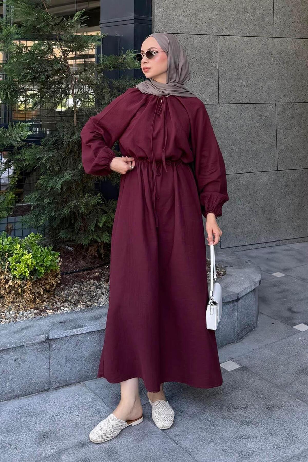 Lamelif  Balon Kol Bağlamalı Tesettür Elbise Mürdüm - Görsel 3