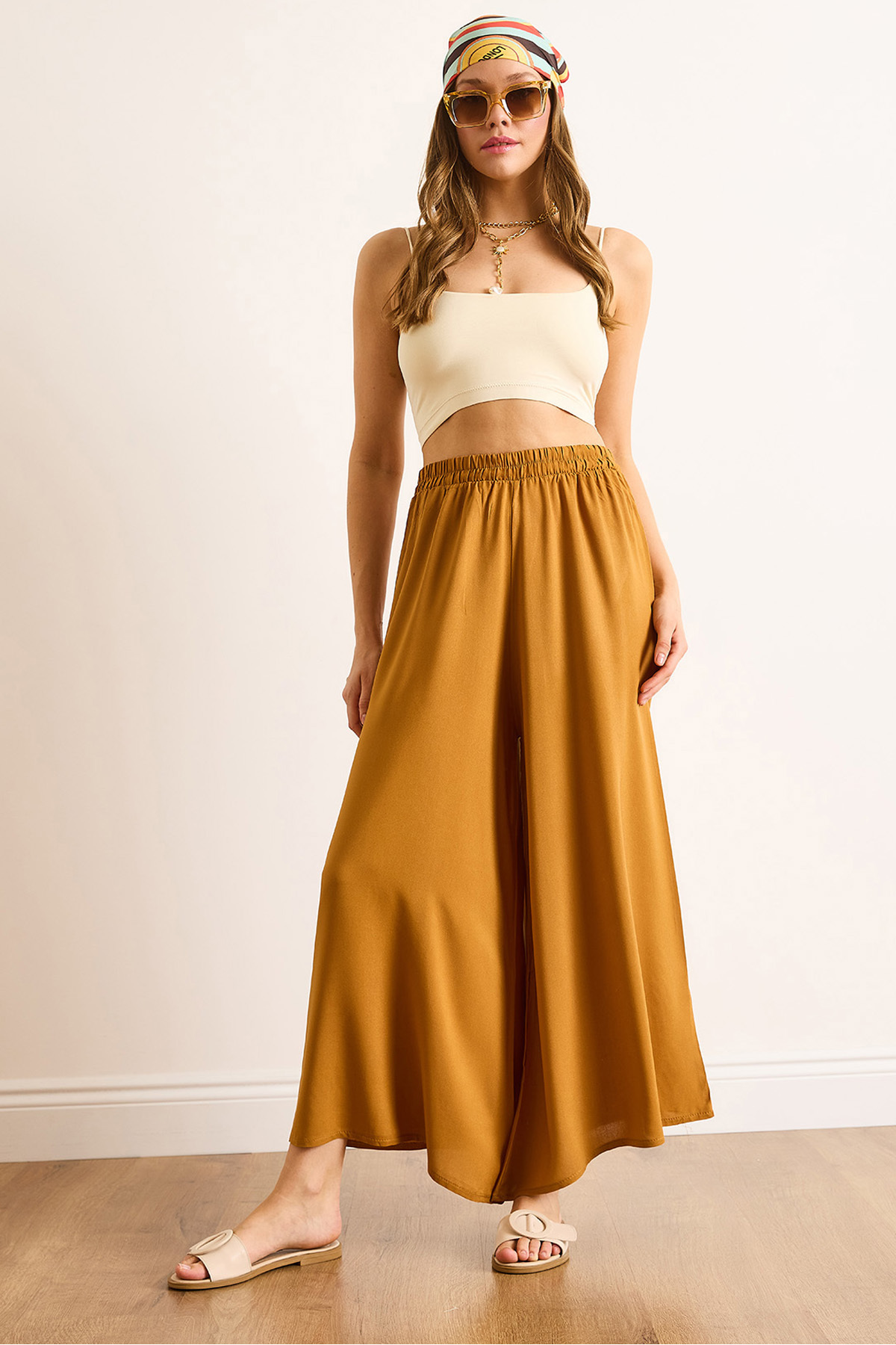Women's Mustard Waist Thick Band Flowing Skirt TrousersPNT-19000330