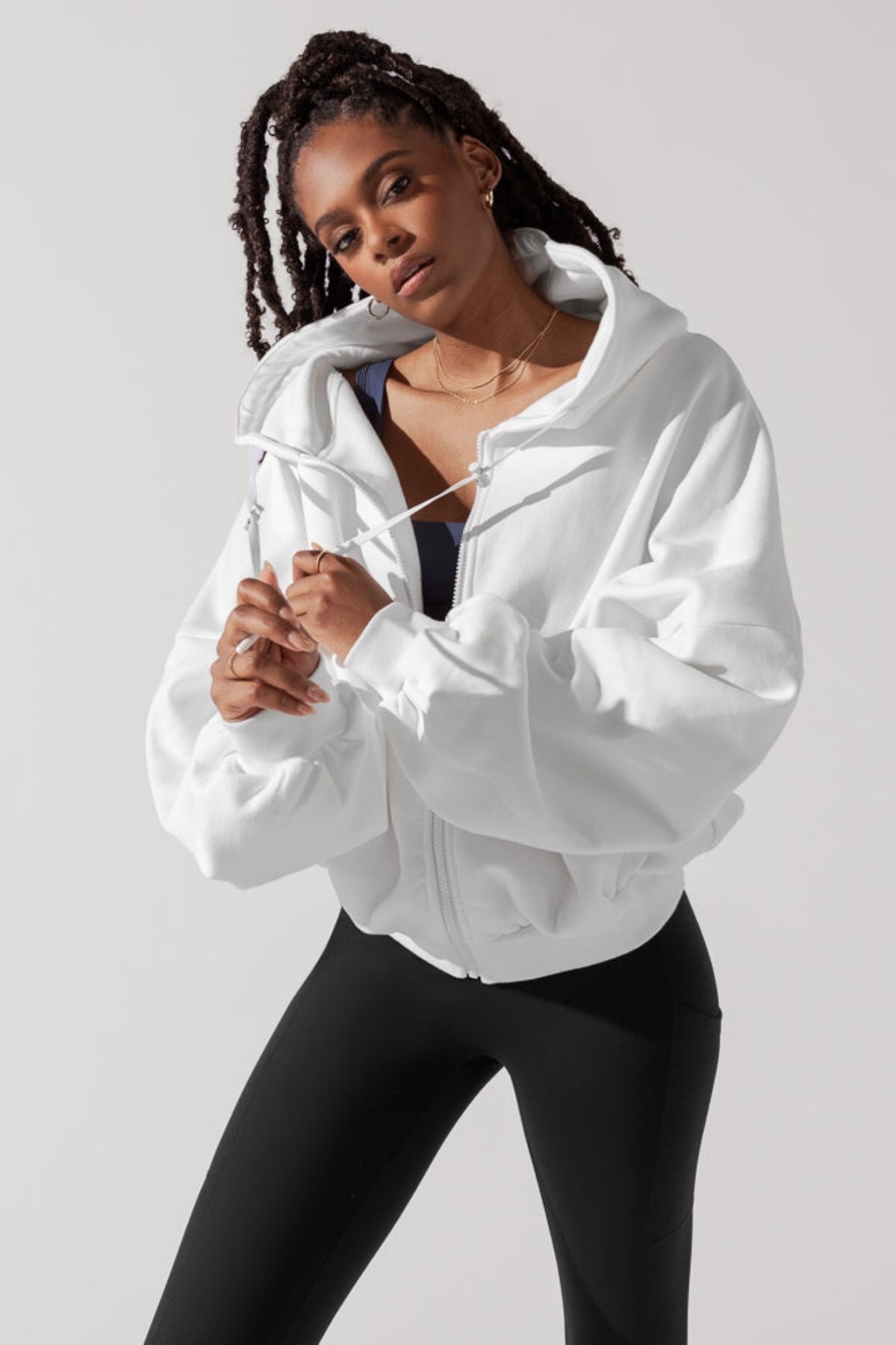 The Champ Clothing  Kadın Beyaz Kapüşonlu Bağcıklı Sweatshirt – Fermuarlı 3 İplik Şardonlu Oversize Spor Stil - Görsel 7