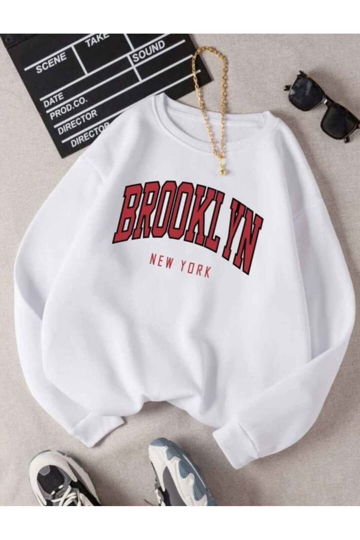 Harajuku Style Beyaz brooklyn baskılı oversize