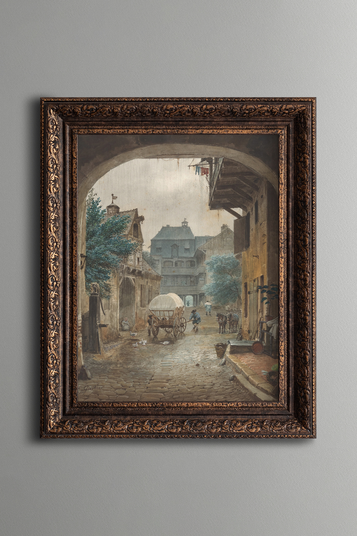 Courtyard of an Inn - Vintage Patterned Frame
