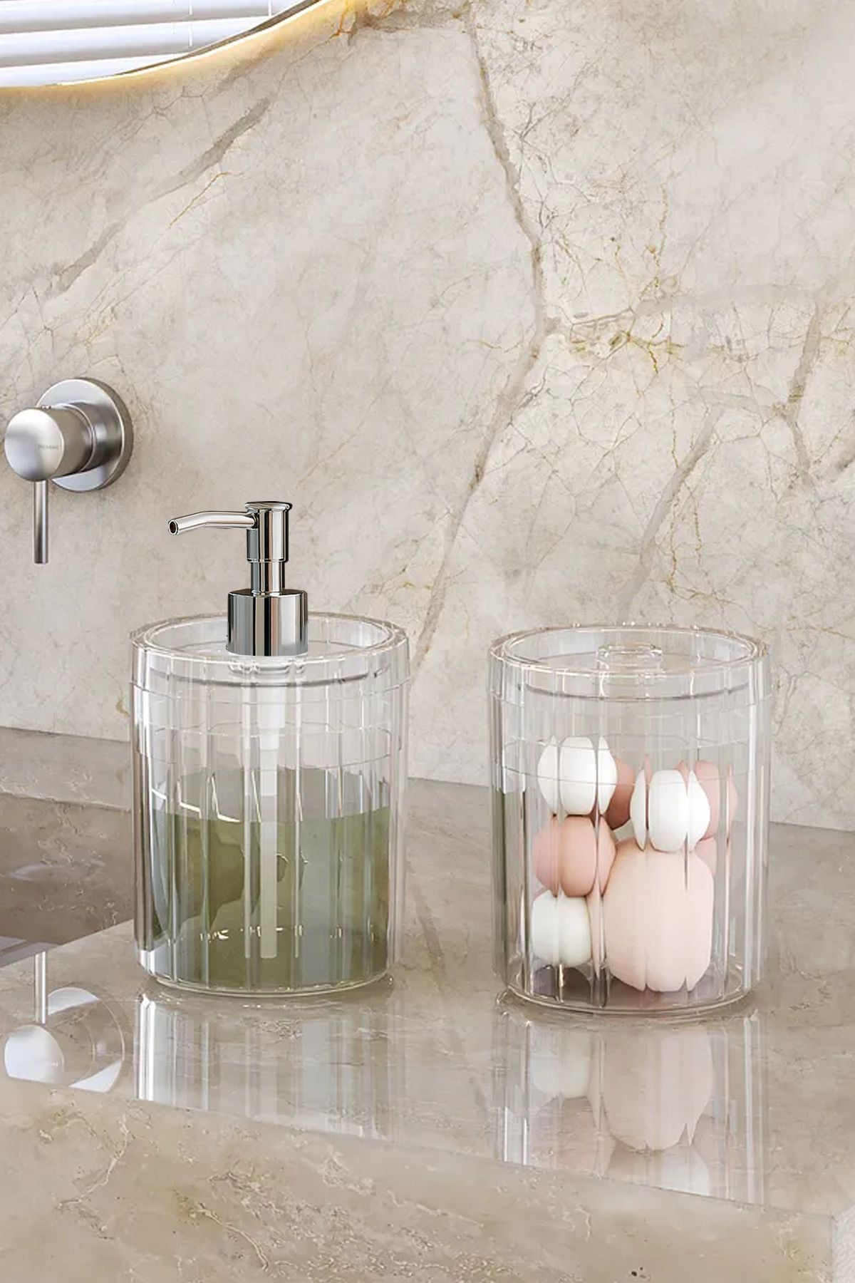 DOVİHOME-Double XL Large Size Line Pattern 700ml Countertop Silver Pump Liquid Soap Dispenser and Cotton Ball Set Transparent 1
