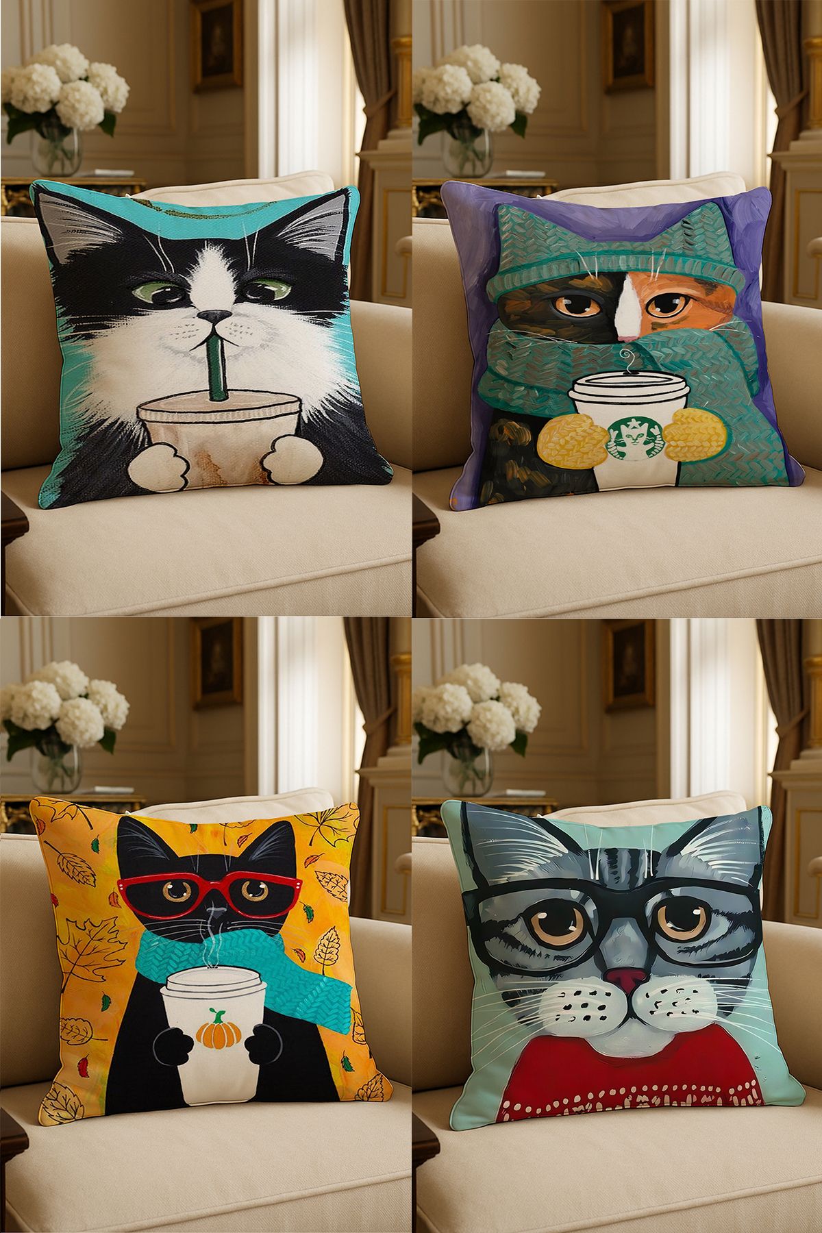 LadiesHome-Special Design Digital Printed Decorative Throw Pillow Case 43X43 cm Double Sided Set of 4 1
