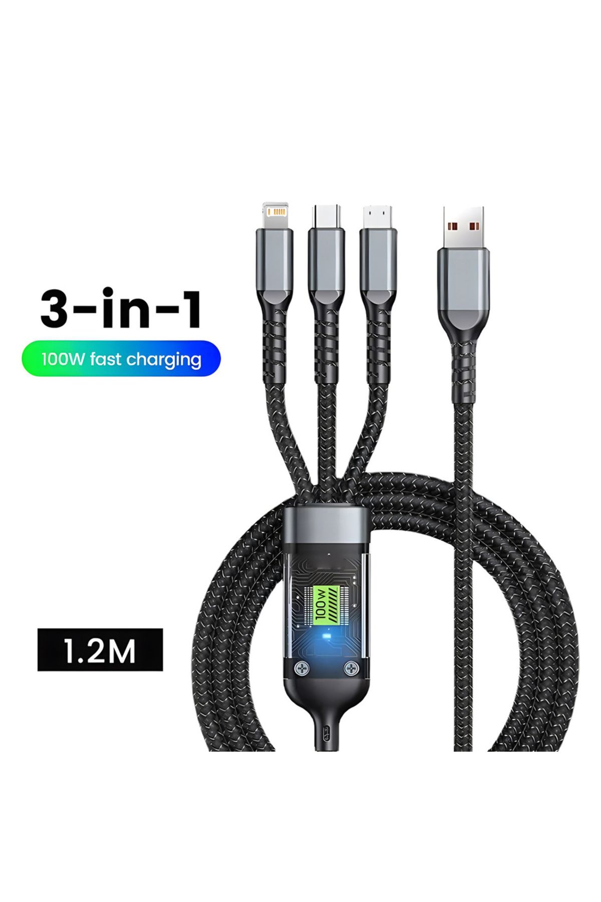 Choice-Black Transparent Luminous 3-in-1 Super Fast Charging Cable, 3 in 1 Charging Cable, Universal with T 1
