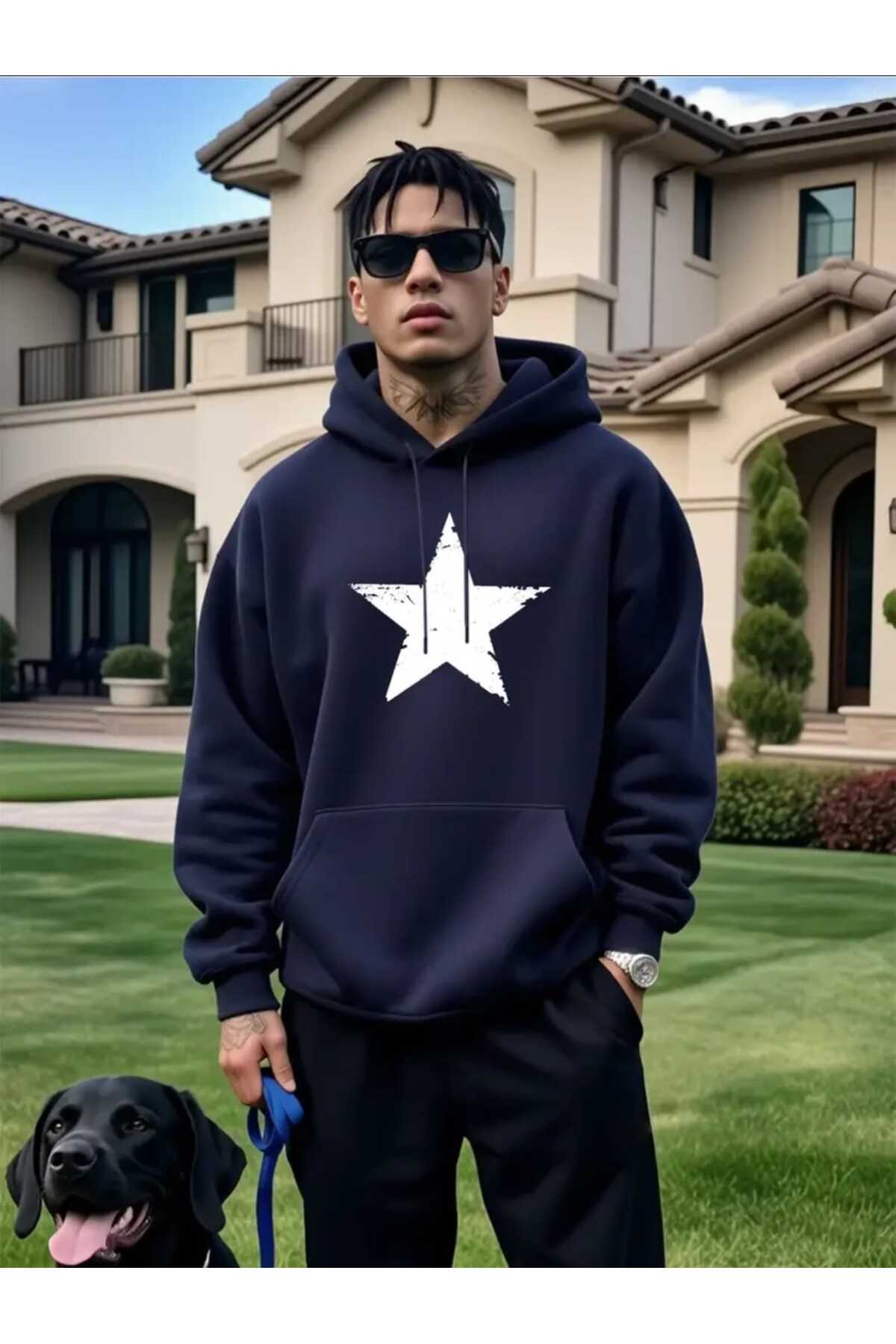 caddekombin A Big Star Printed Hooded Pocket Cotton Navy Blue Sweatshirt