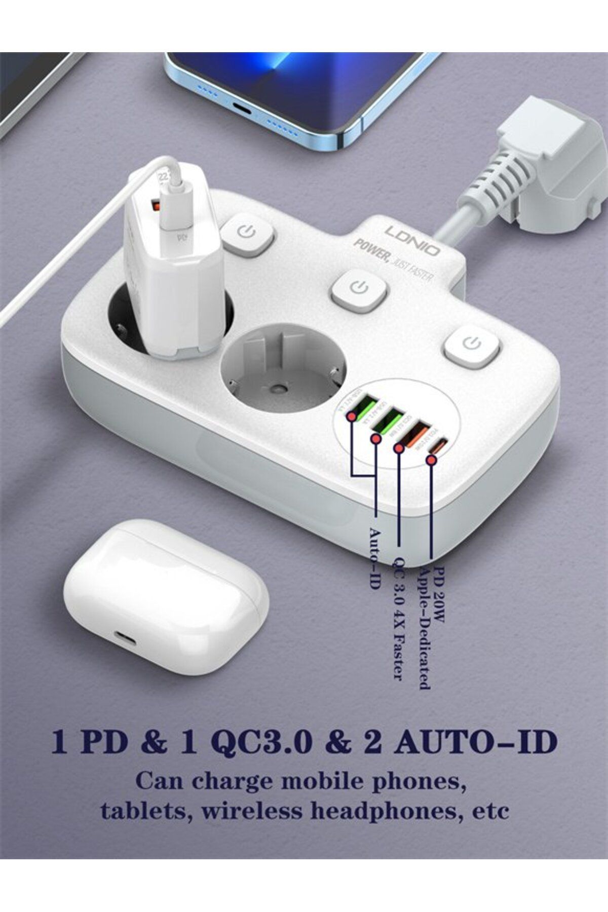 LDNIO-Prelungitor SE2435, 2 prize, 3 X USB-A, 1X USB-C, incarcare rapida QC 3.0, 10A 4