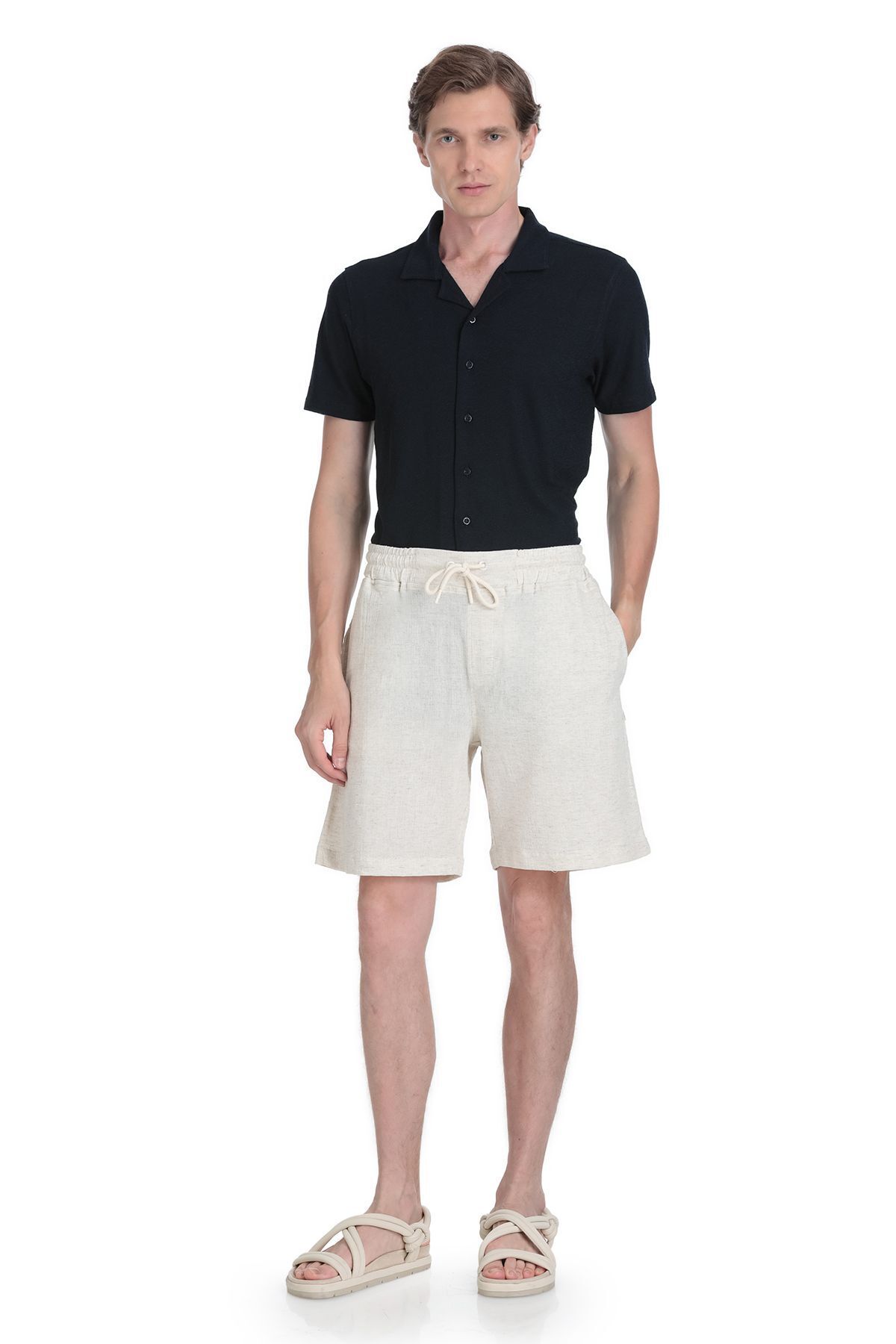 Hatemoğlu-Ecru Regular Fit Cotton Basic Knitted Shorts with Side Pockets 2