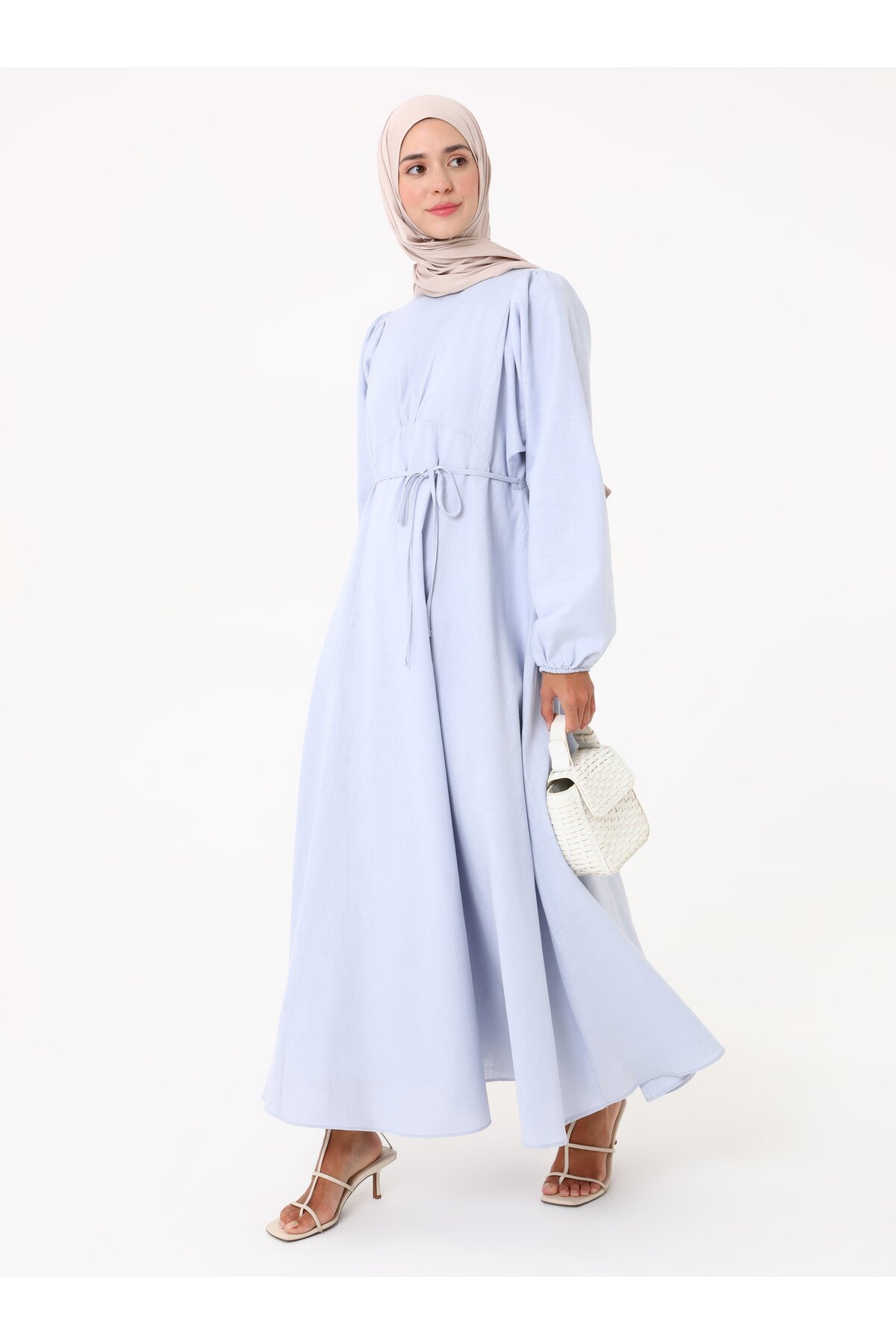 Refka 100% Cotton Fabric Balloon Sleeve Lined Hijab Dress - Light Blue -