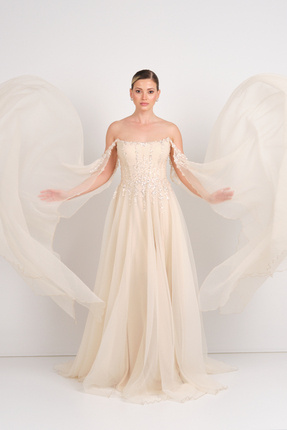 ÖMÜR INN Ömür Inn Kadın Straplez Payet İşlemeli Kolları Pelerin Detaylı Uzun ...