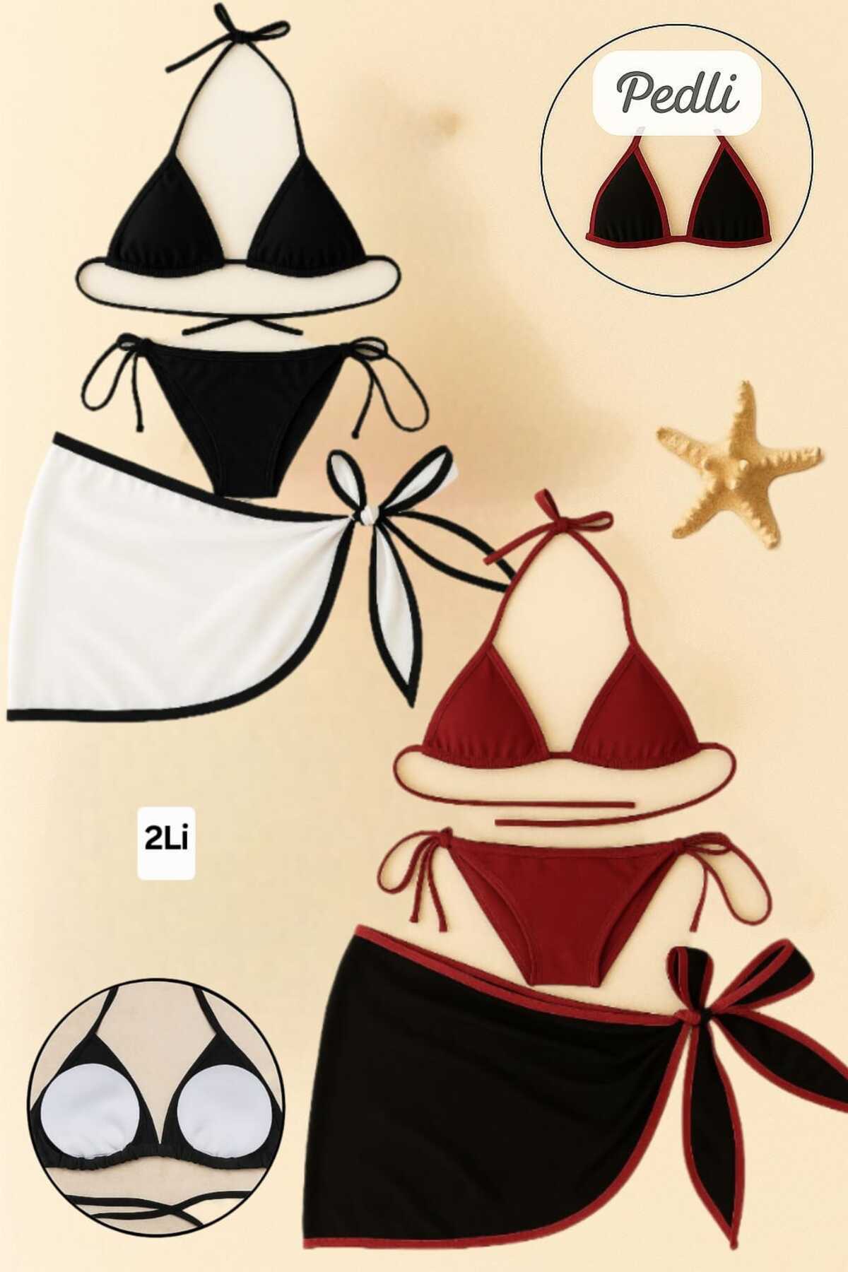 safhas Kadın 3lü LEOPAR Bikini Takımı Pareolu Üçgen Dolgulu,Ayarlanabilir,Siyah Plaj Pareosu - Şık