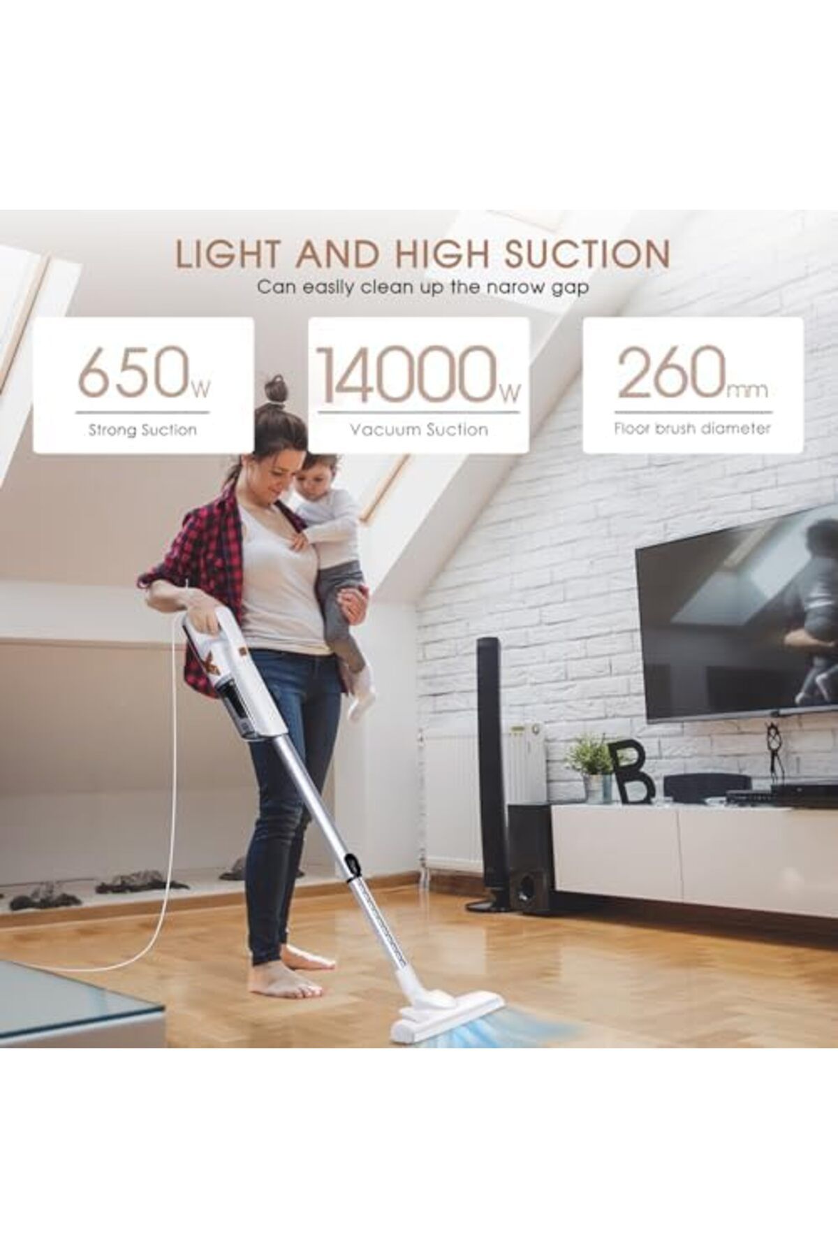 Generic-Corded Stick Vacuum Cleaner 650W, 18KPa Suction Power, 5M Cord, Lightweight and Multifunctional 8